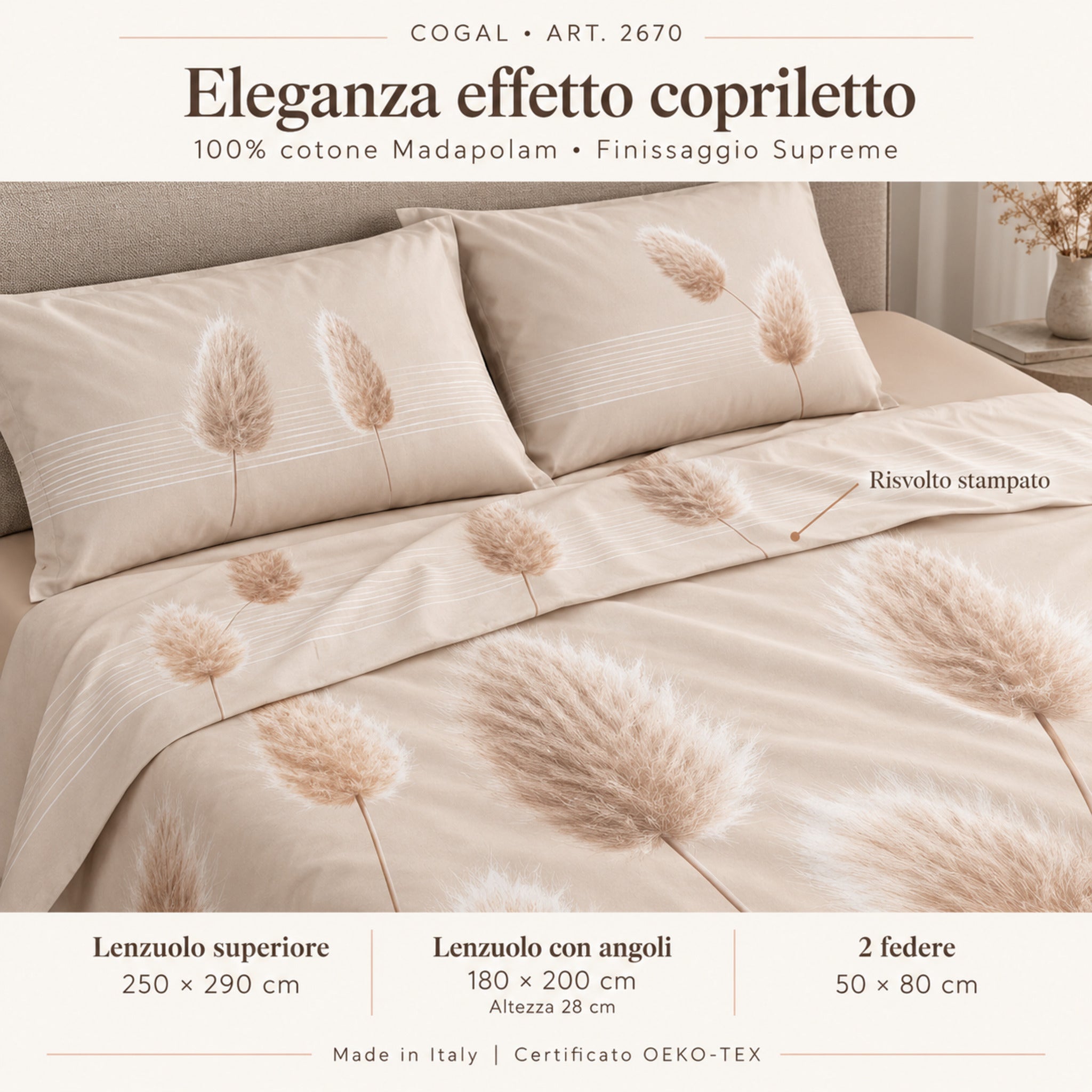 Infografica Cogal 2670 con risvolto stampato, misure del completo, cotone Madapolam e finissaggio Supreme