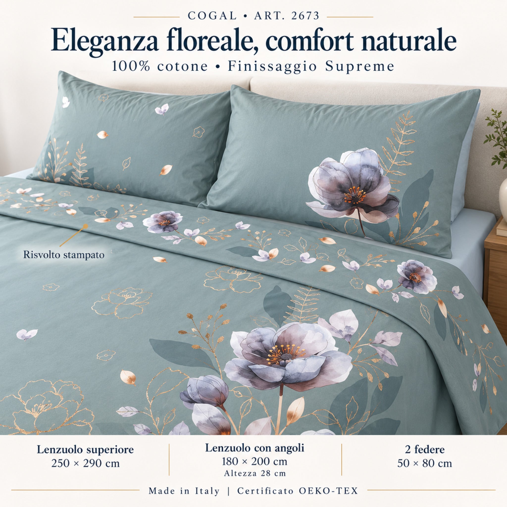 Infografica Cogal 2673 Verde con risvolto stampato, misure del completo, cotone e finissaggio Supreme
