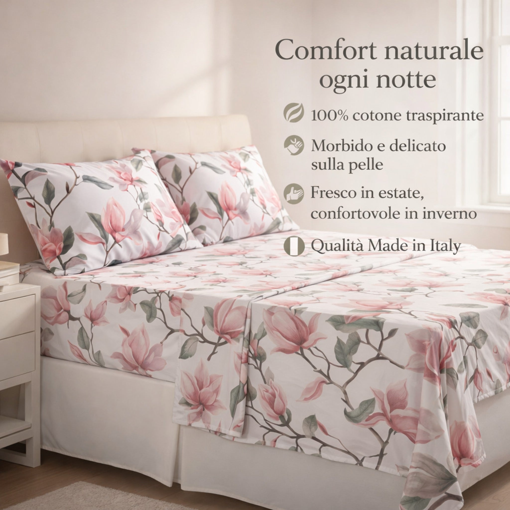 Lenzuola matrimoniali cotone naturale traspirante Made in Italy