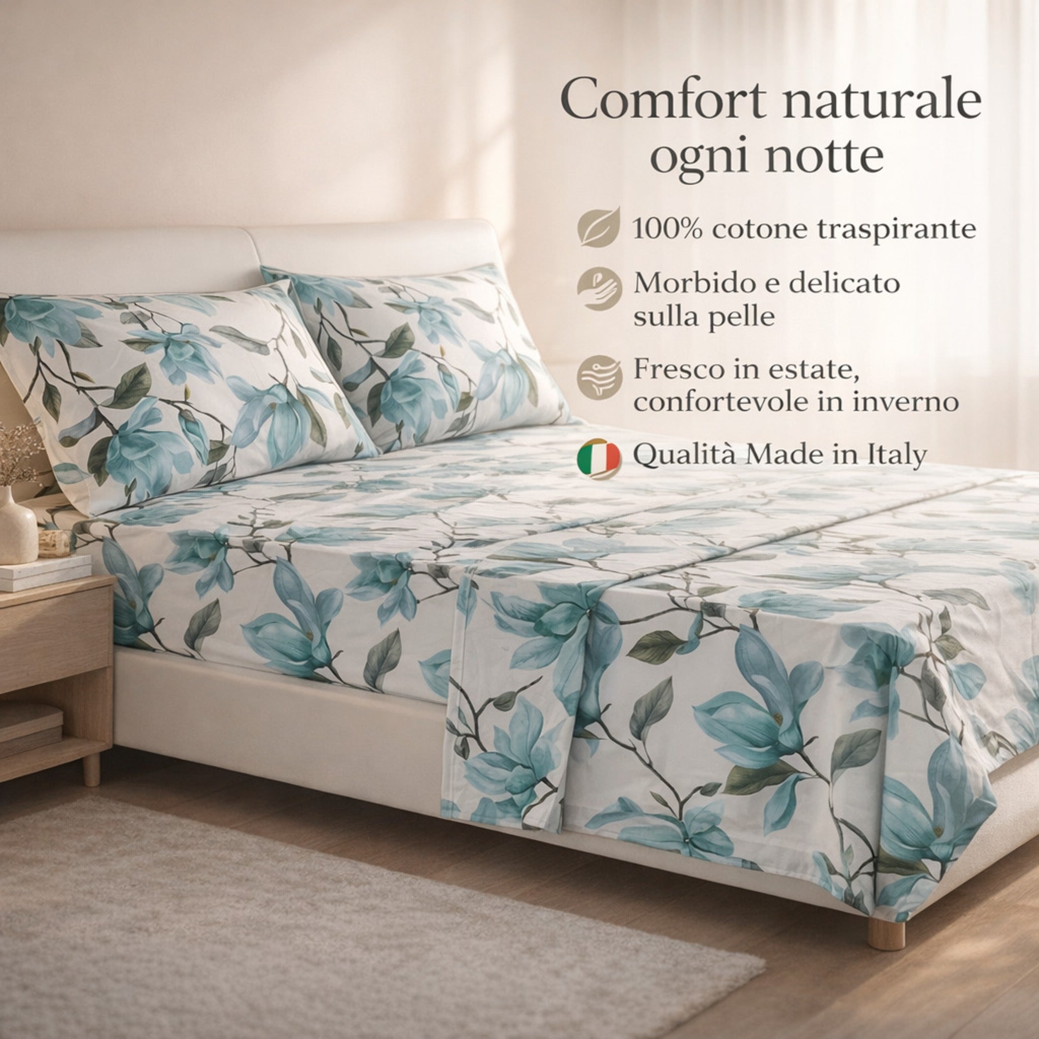 Lenzuola matrimoniali cotone naturale traspirante Made in Italy