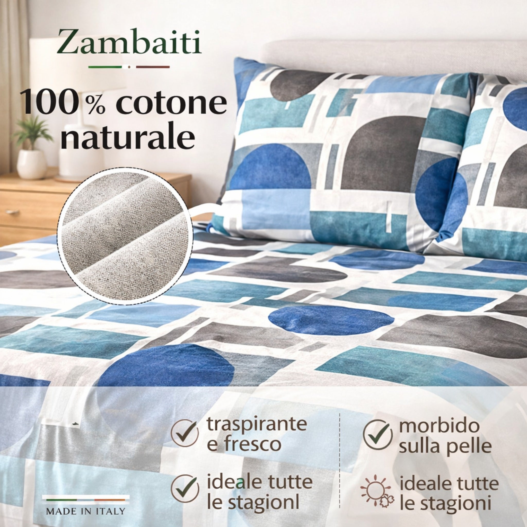 Lenzuola matrimoniali cotone traspirante Made in Italy