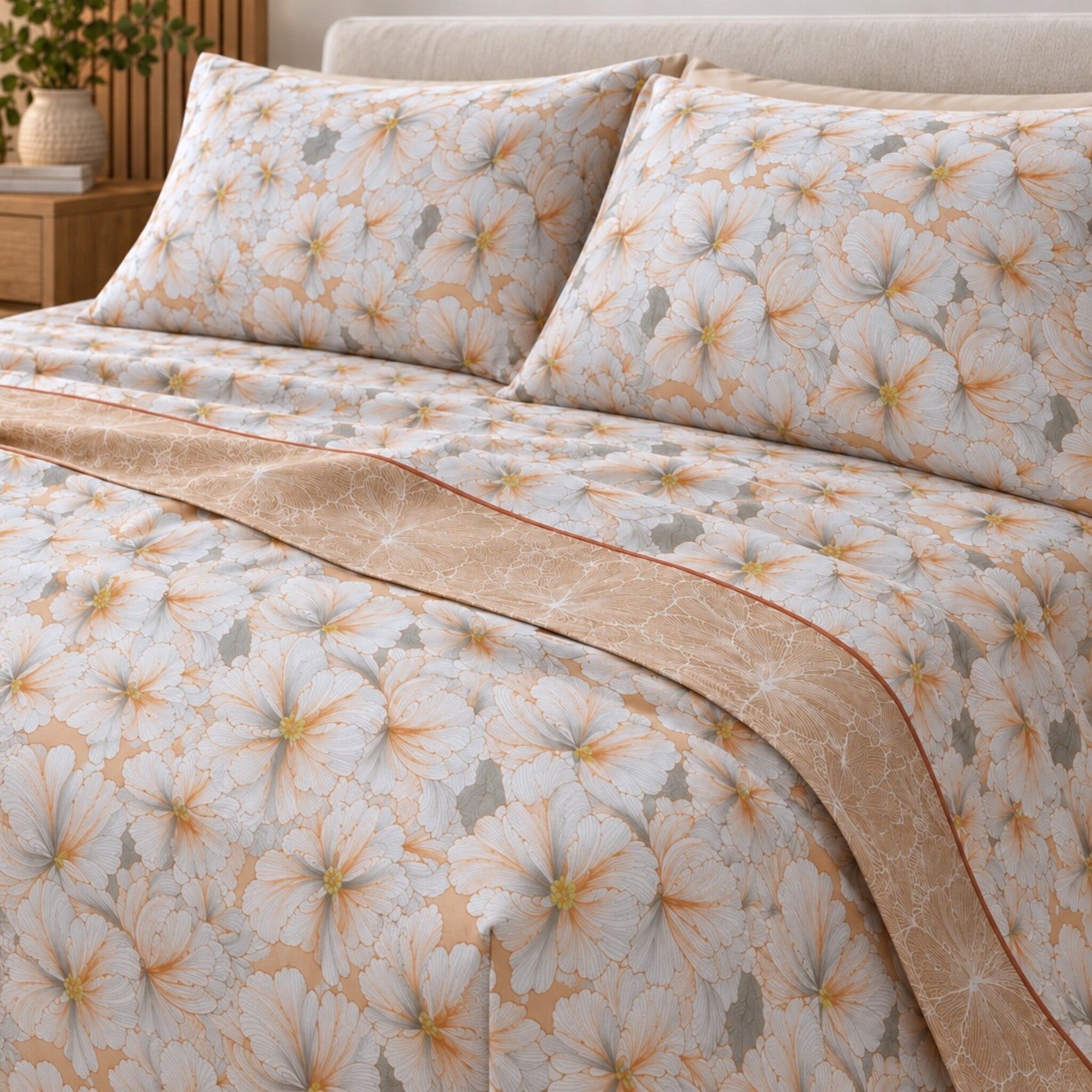 Lenzuola matrimoniali Cogal 2658 Albicocca con grandi fiori chiari, sfumature pesca e risvolto in contrasto su letto ambientato.