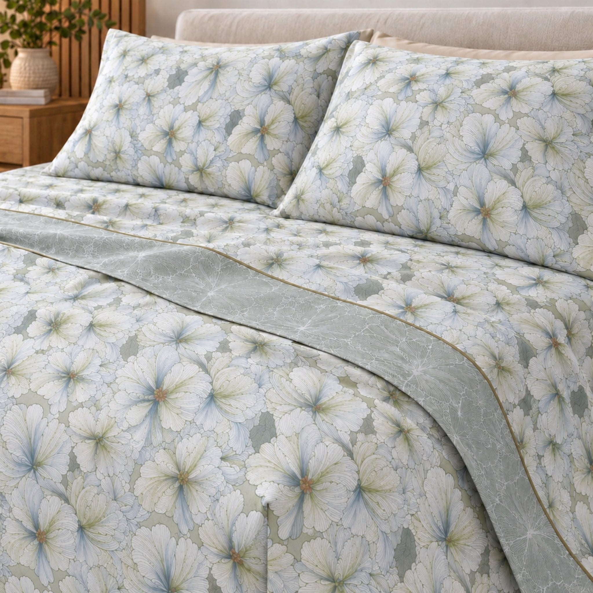 Lenzuola matrimoniali Cogal 2658 Verde con fiori dai petali chiari e sfumature verdi e azzurrate, abbinate al risvolto verde-grigio.
