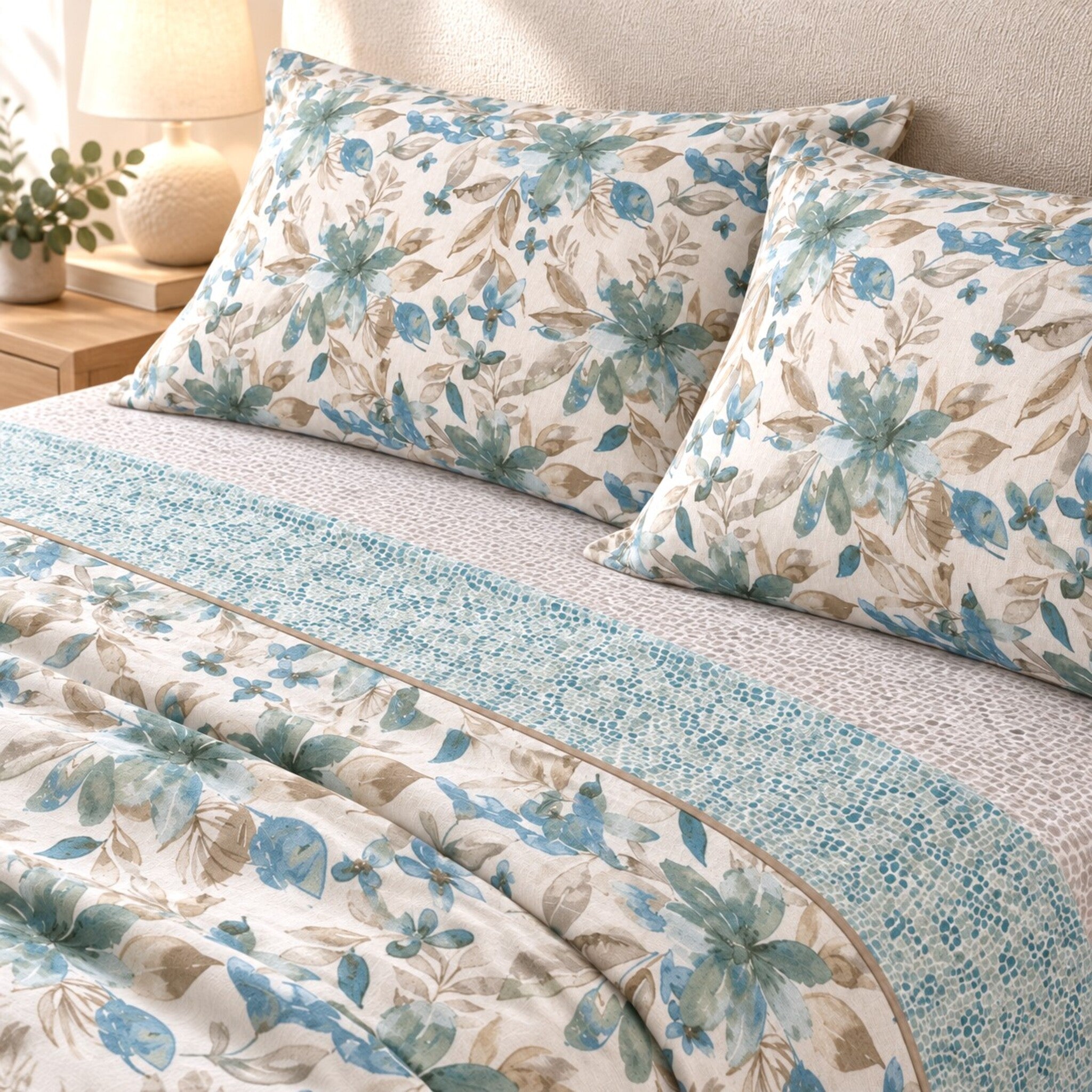 Letto matrimoniale con lenzuola Cogal 2660 Acqua, federe floreali azzurre e verdi e risvolto in microfantasia.