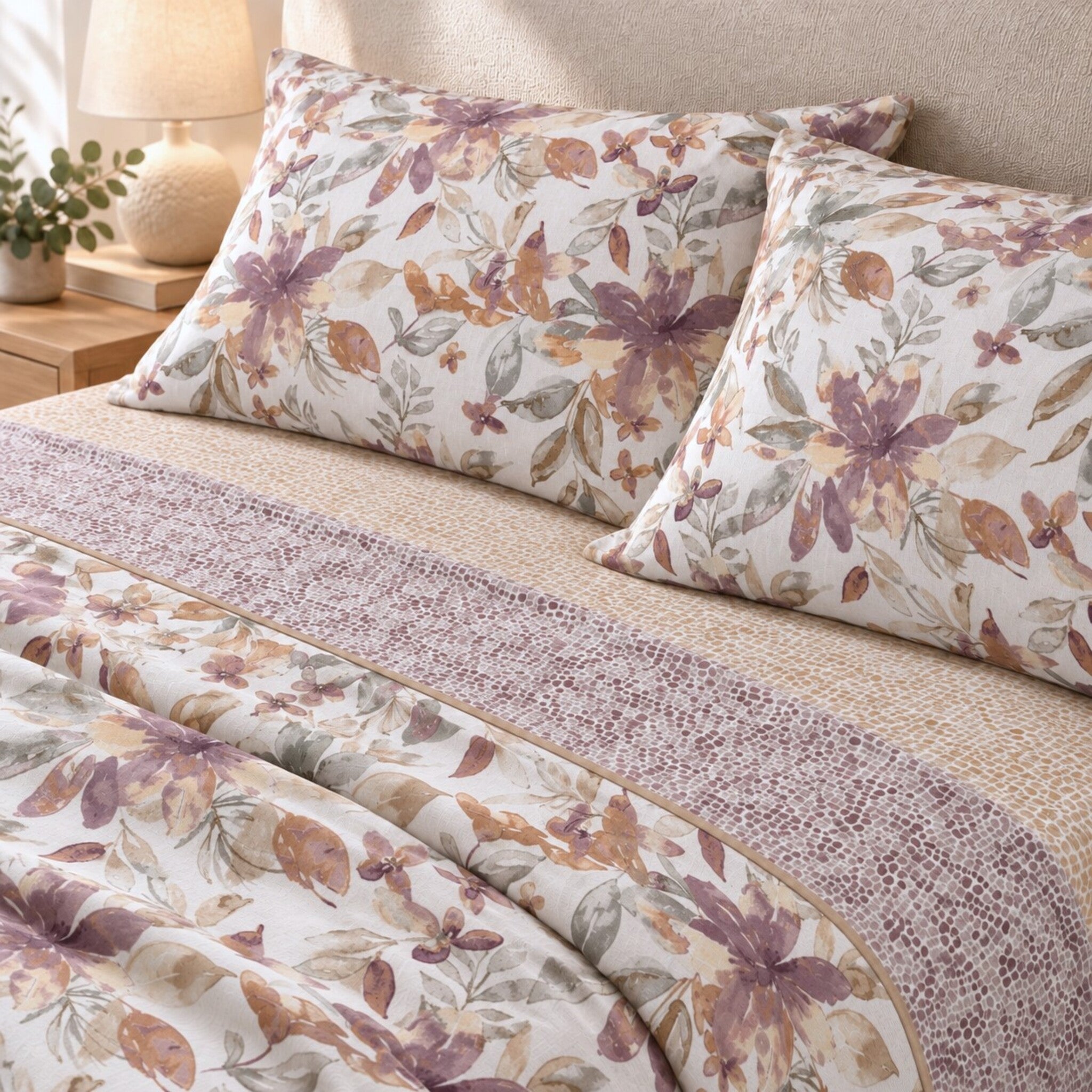 Letto matrimoniale con lenzuola Cogal 2660 Malva, federe a fiori viola e rosati e risvolto coordinato in microfantasia.