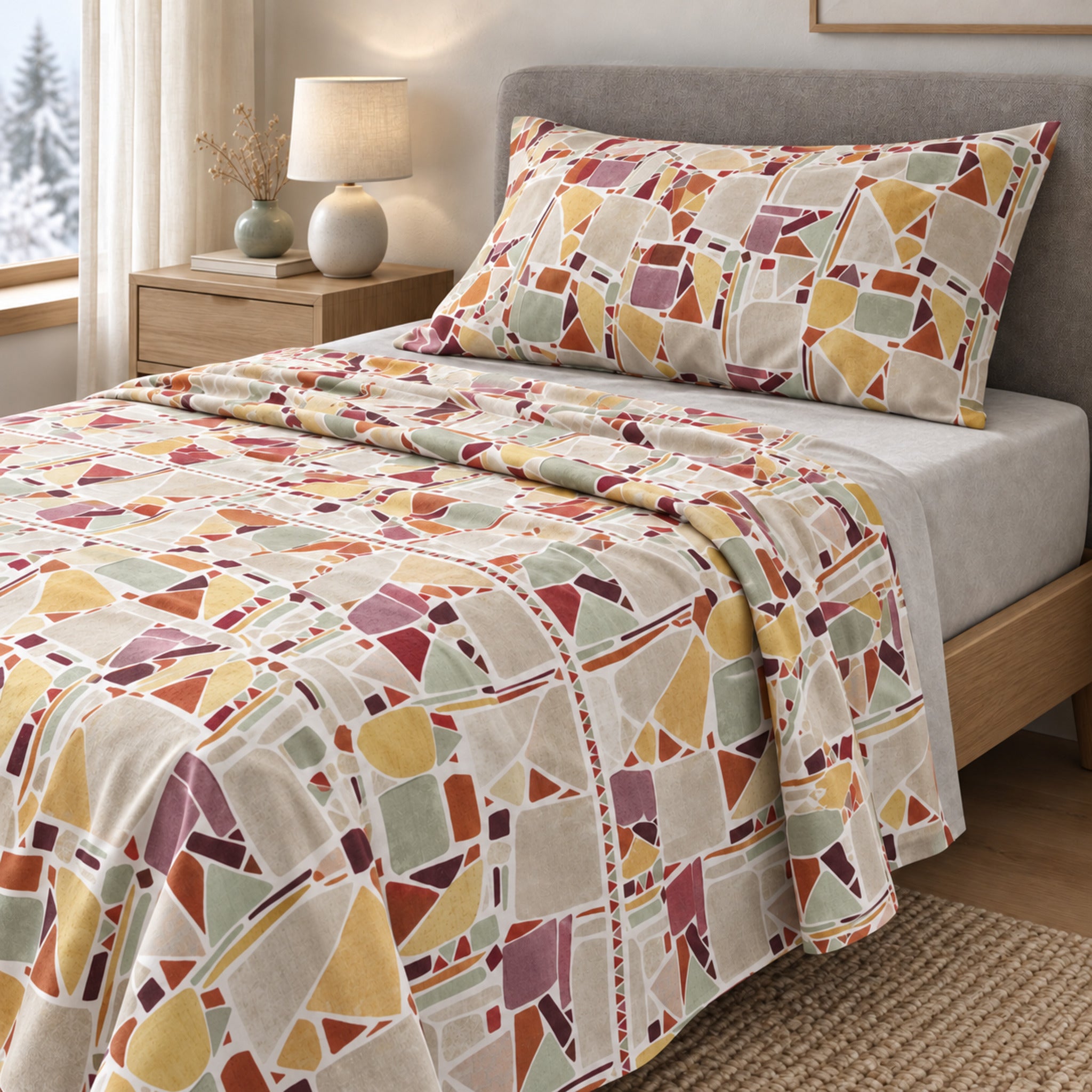 Letto singolo con lenzuola Cogal 2657 in flanella Multicolor, fantasia geometrica nei toni senape, mattone e malva.
