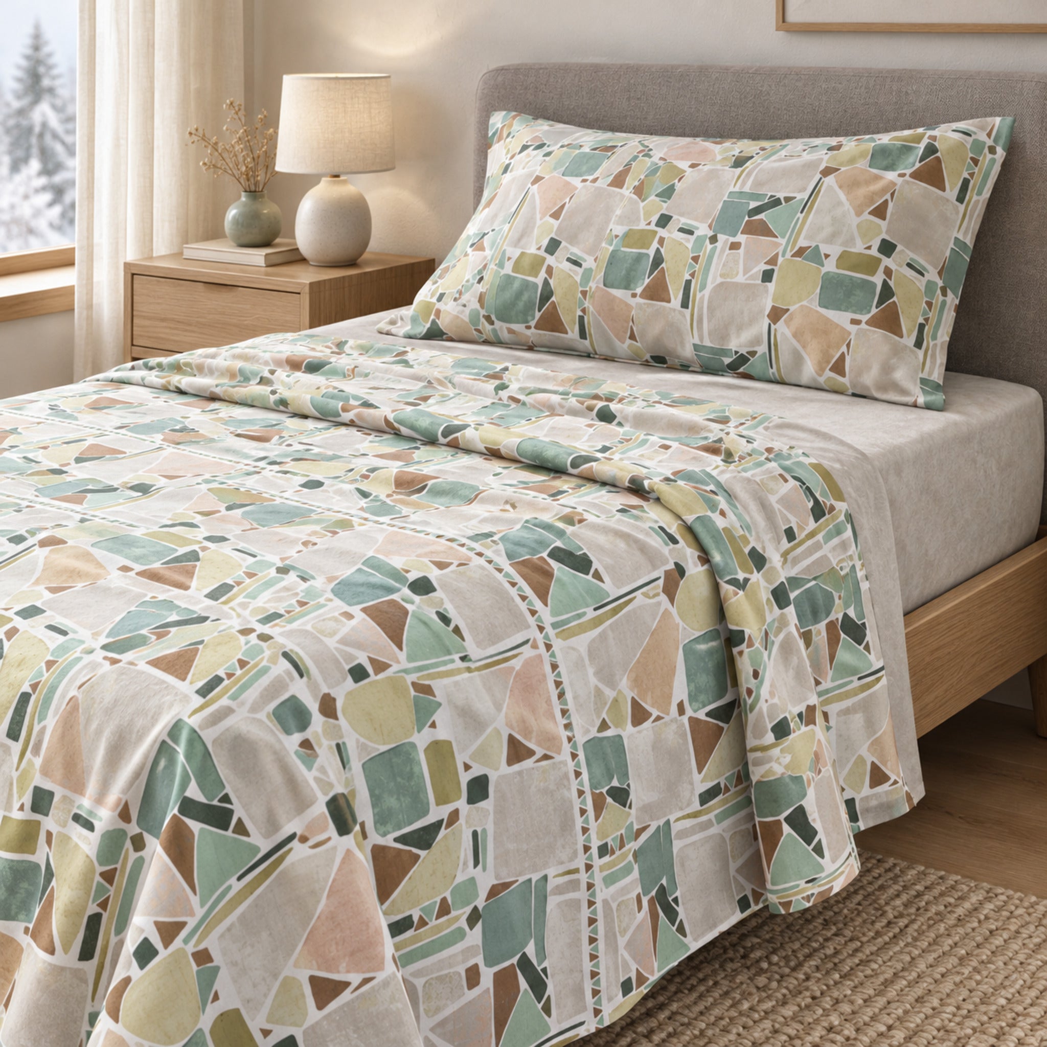Letto singolo con lenzuola Cogal 2657 in flanella Verde, fantasia geometrica nei toni salvia, ottanio, beige e rosa cipria.