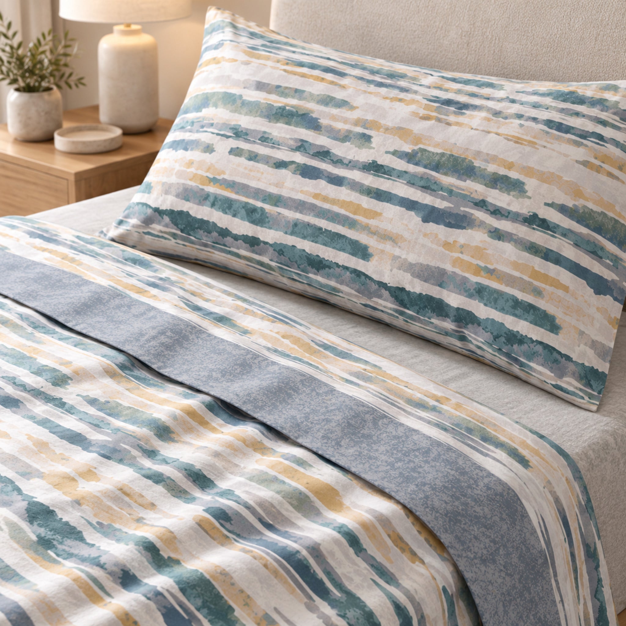Lenzuola Cogal Bormio 2662 Metal Blue su letto singolo, con righe irregolari blu, petrolio, grigio e ocra su fondo chiaro.