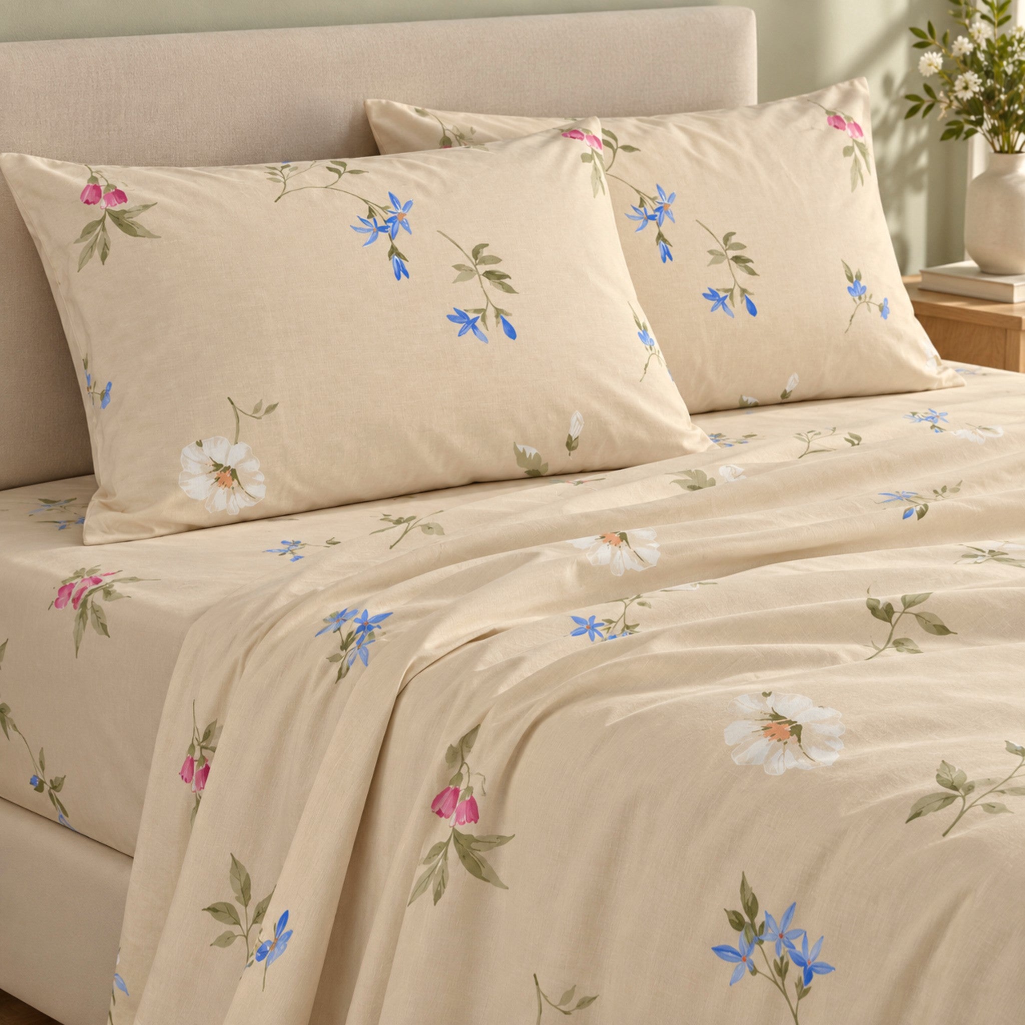 Completo Caleffi Floral 2 Avorio ambientato sul letto, con federe e lenzuola decorate da fiori blu, rosa e bianchi.