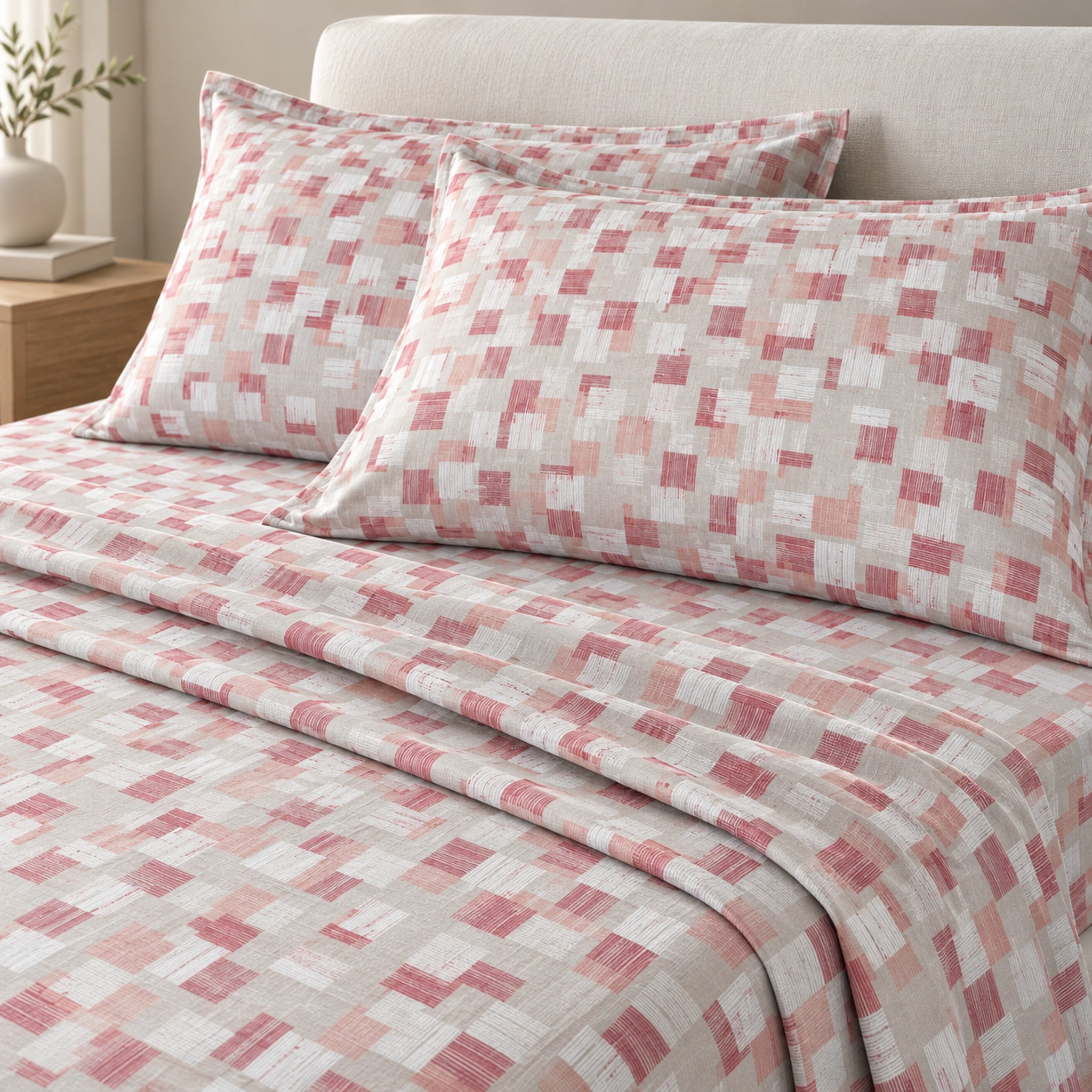 Lenzuola matrimoniali Caleffi Kilt Corallo sul letto, con riquadri rosa e corallo e due federe coordinate