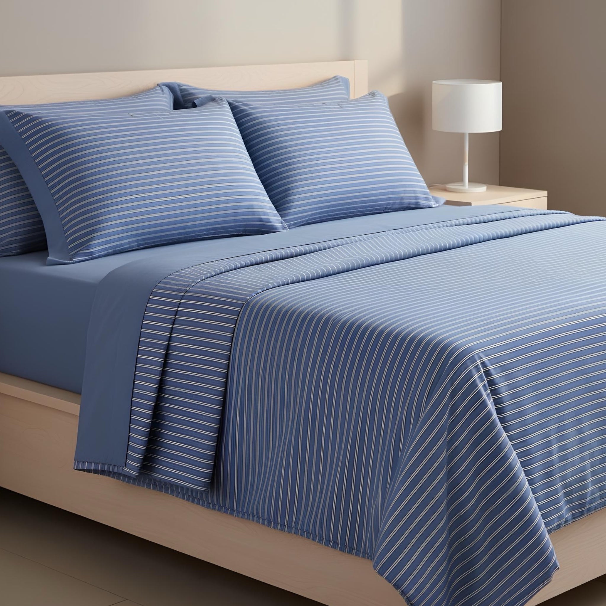 Completo lenzuola matrimoniali Cogal 2405 righe blu su letto