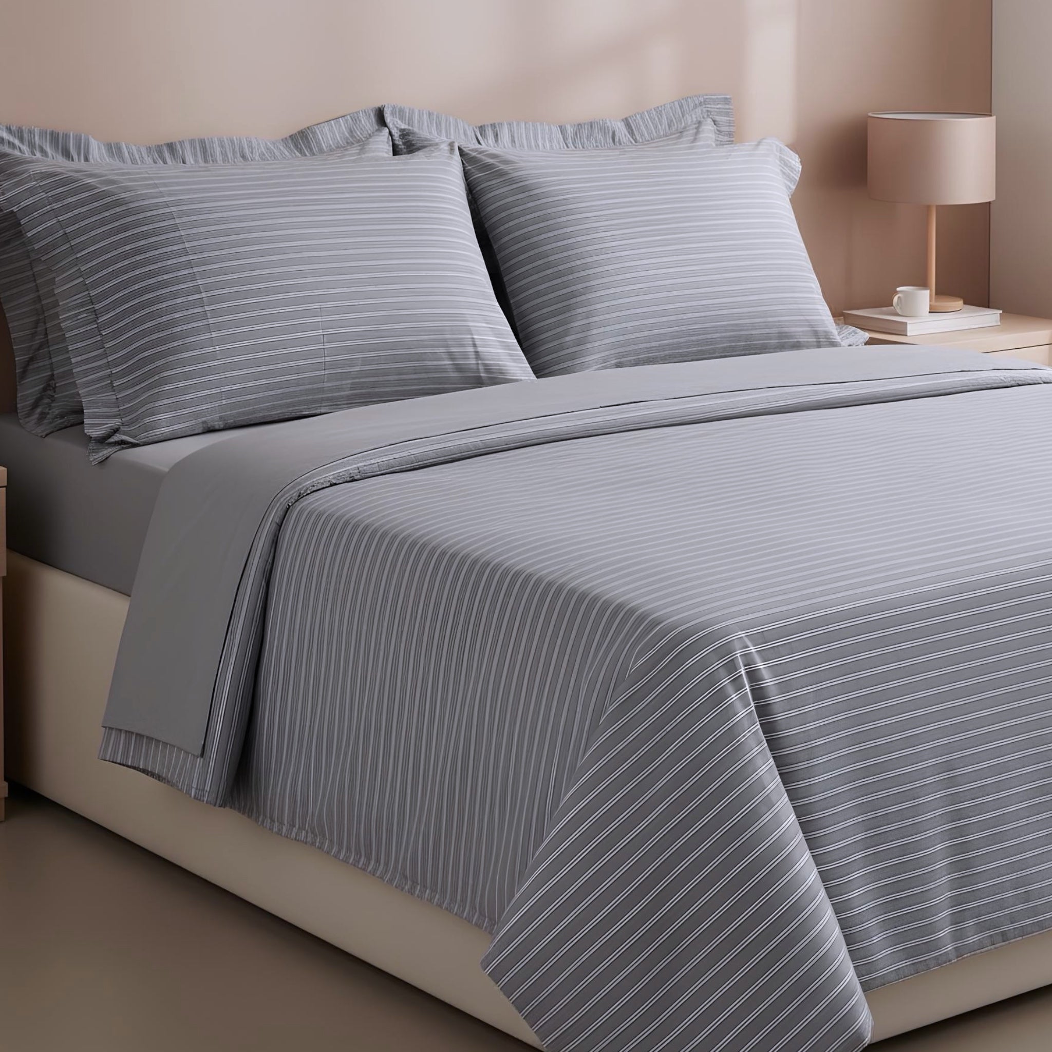 Completo lenzuola matrimoniali Cogal 2405 righe grigio su letto