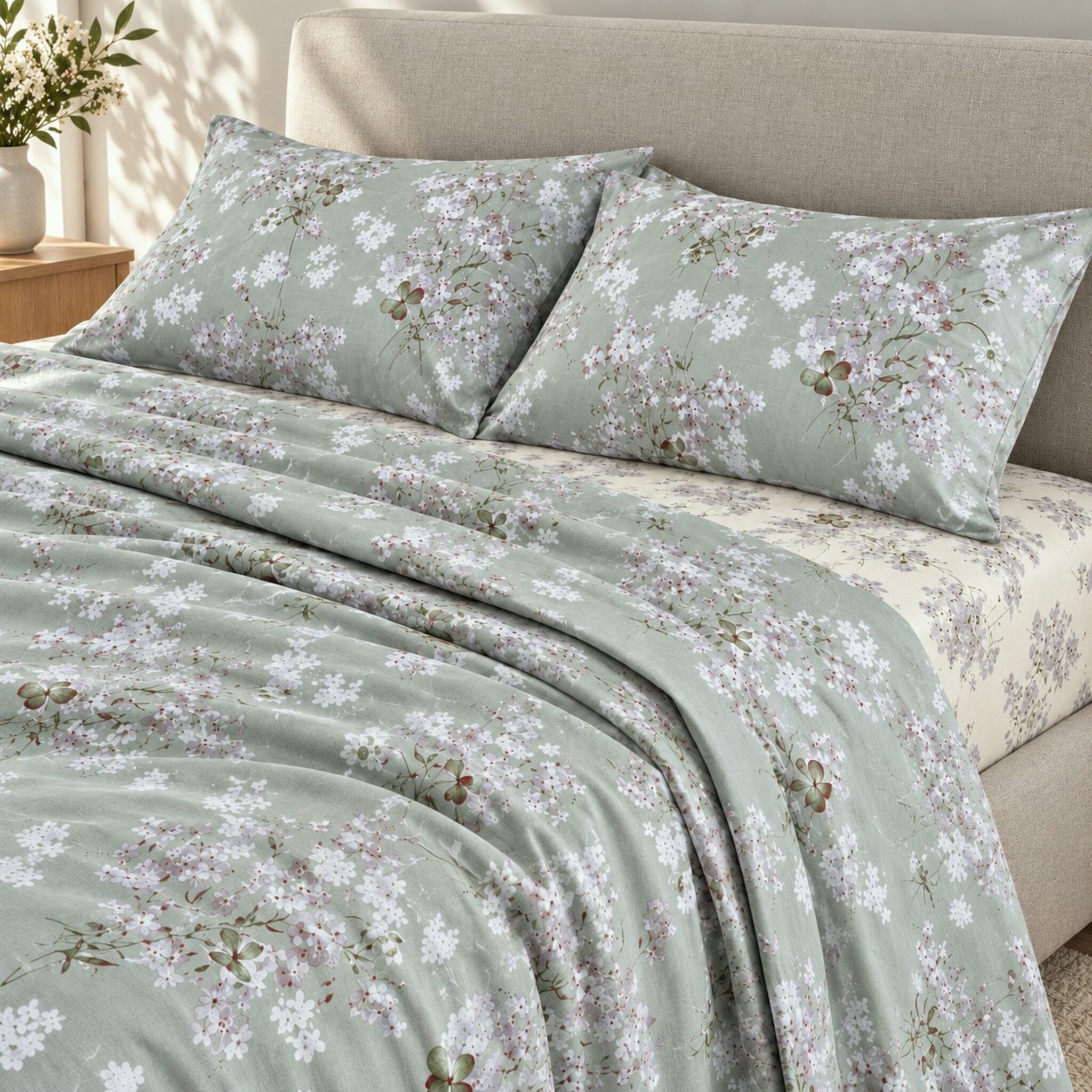Lenzuola Cogal 2620 Verde ambientate sul letto, con fantasia floreale e lenzuolo inferiore coordinato su fondo avorio.