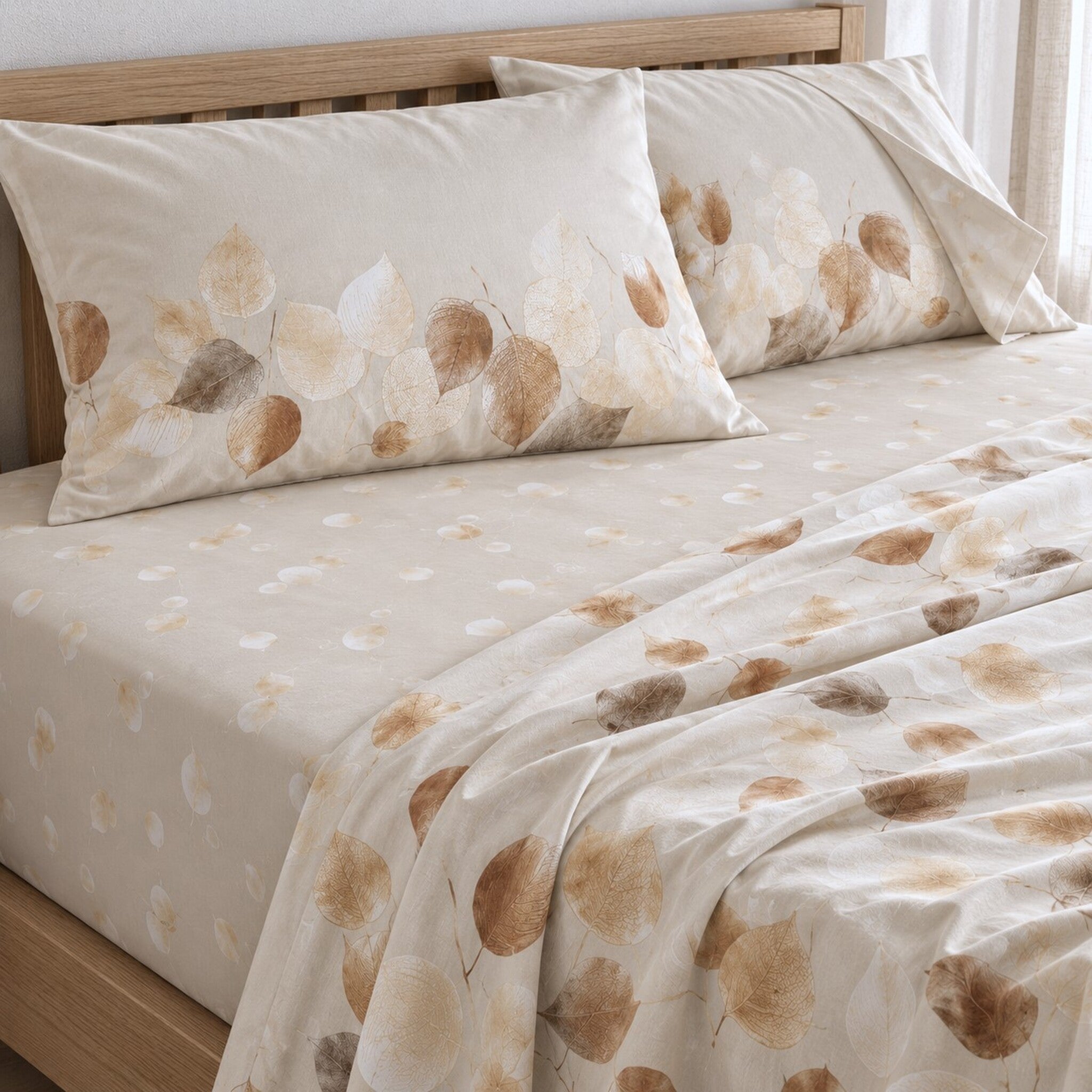 Lenzuola matrimoniali Cogal 2622 Cognac sul letto, con foglie beige e marroni e lenzuolo con angoli coordinato