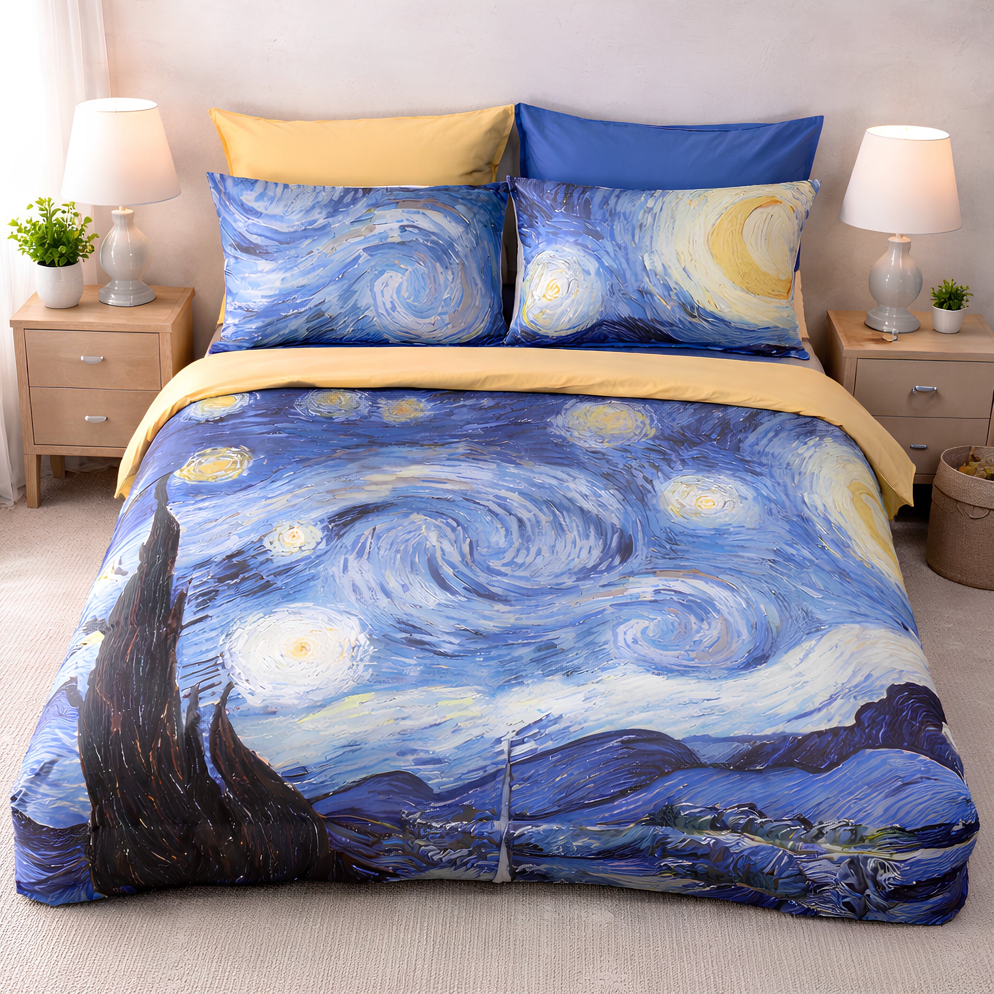 Completo lenzuola matrimoniali Cogal 2641 fantasia notte stellata su letto