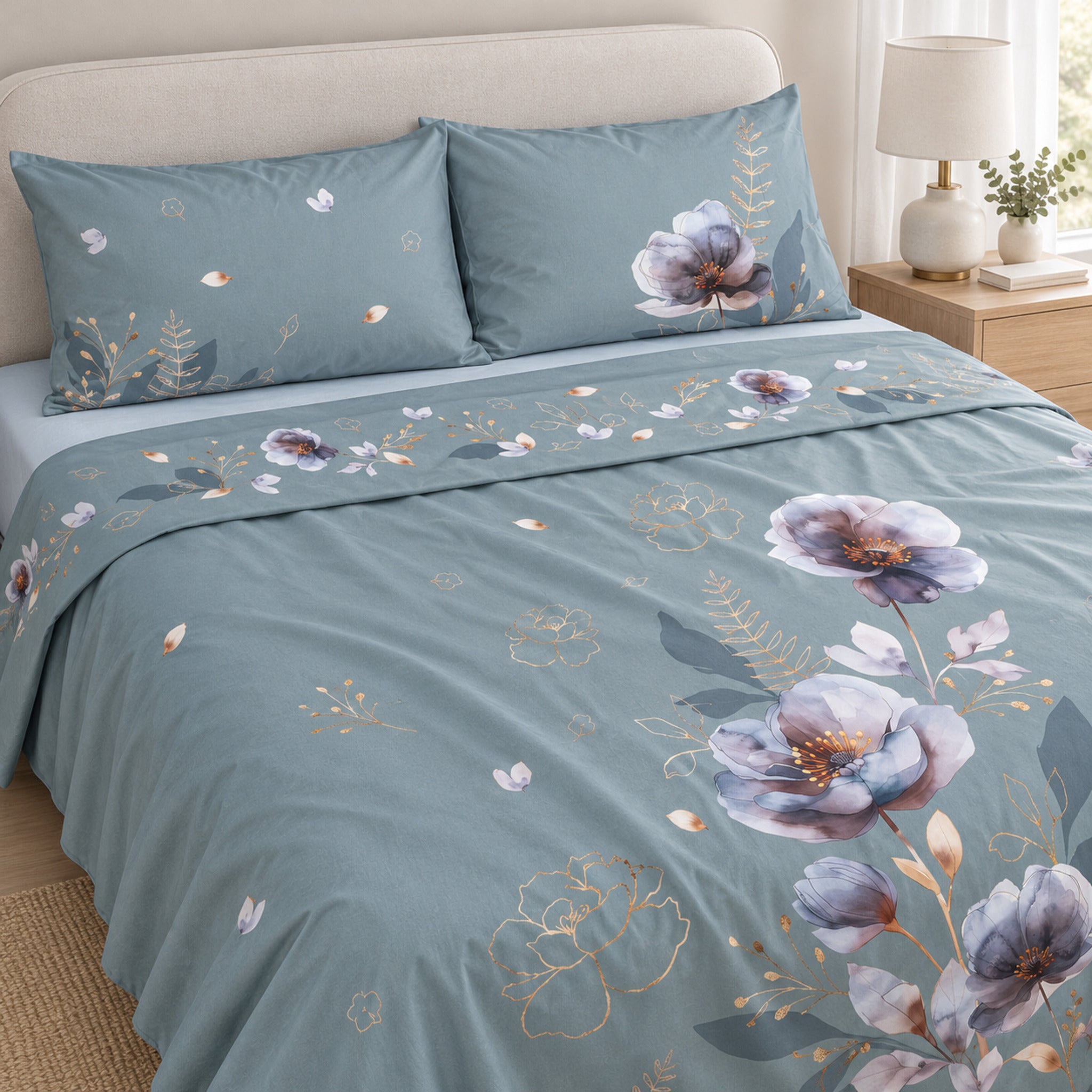 Lenzuola matrimoniali Cogal 2673 Verde sul letto, con fiori lilla e malva, rametti color oro e risvolto stampato