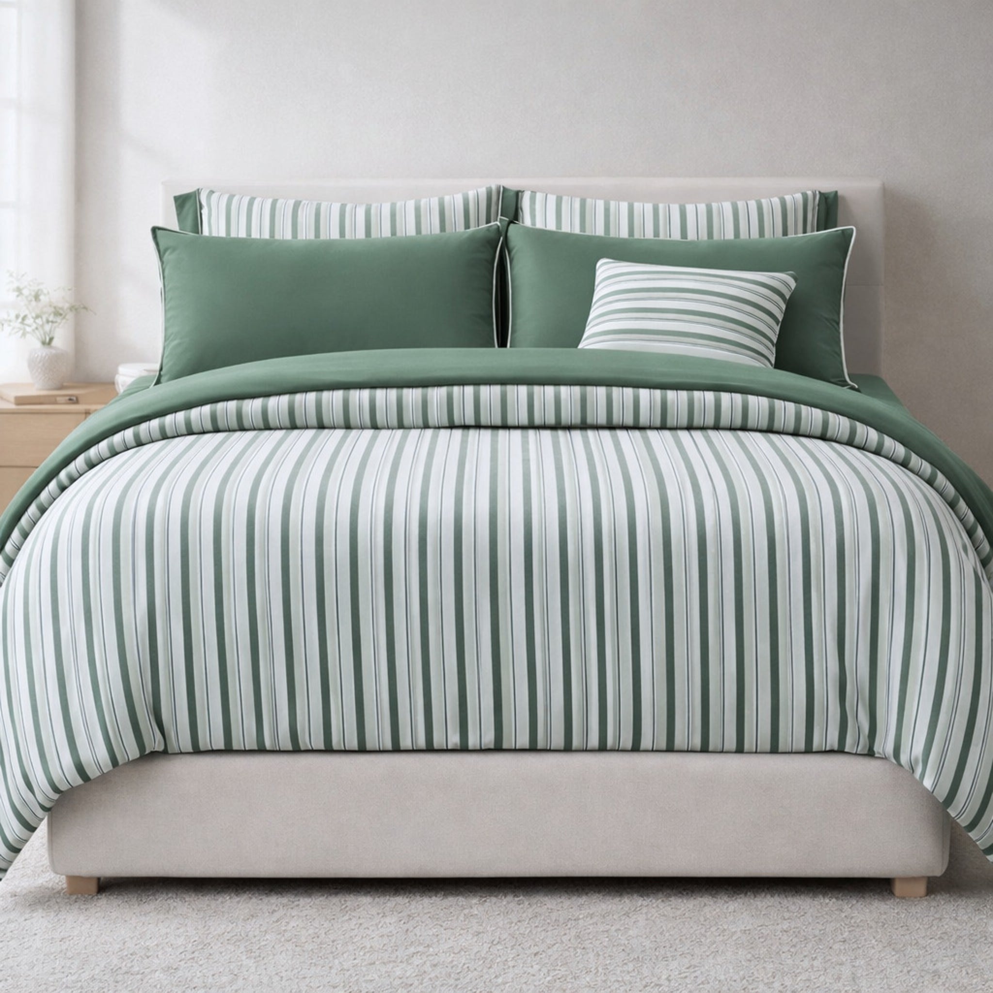 Completo lenzuola matrimoniali Cogal 9725 righe verdi su letto