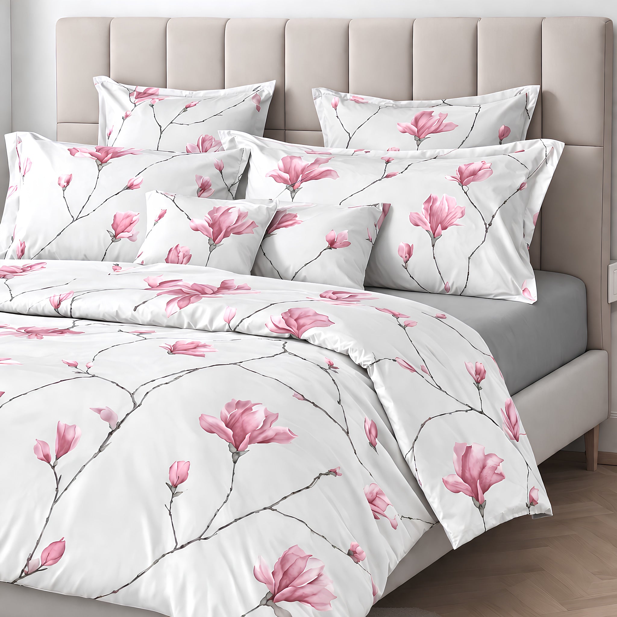 Completo lenzuola matrimoniale Mirabello Soft Magnolia su letto elegante