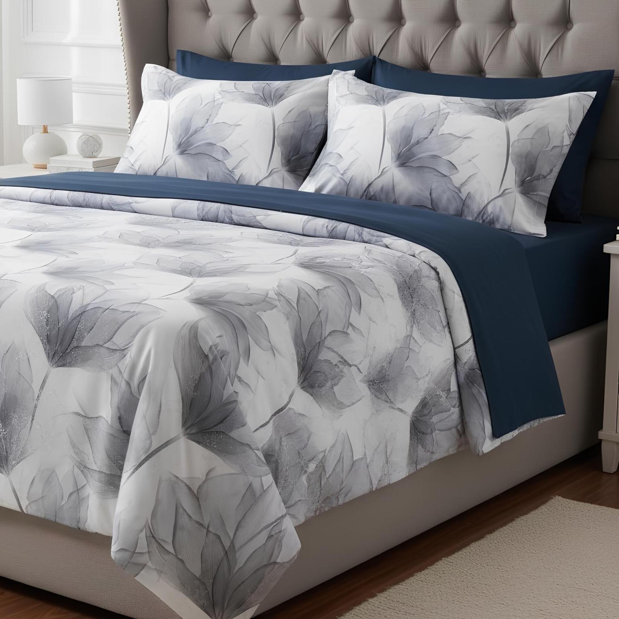 Completo lenzuola matrimoniale raso cotone Mirabello Abstract Flower grigio chiaro