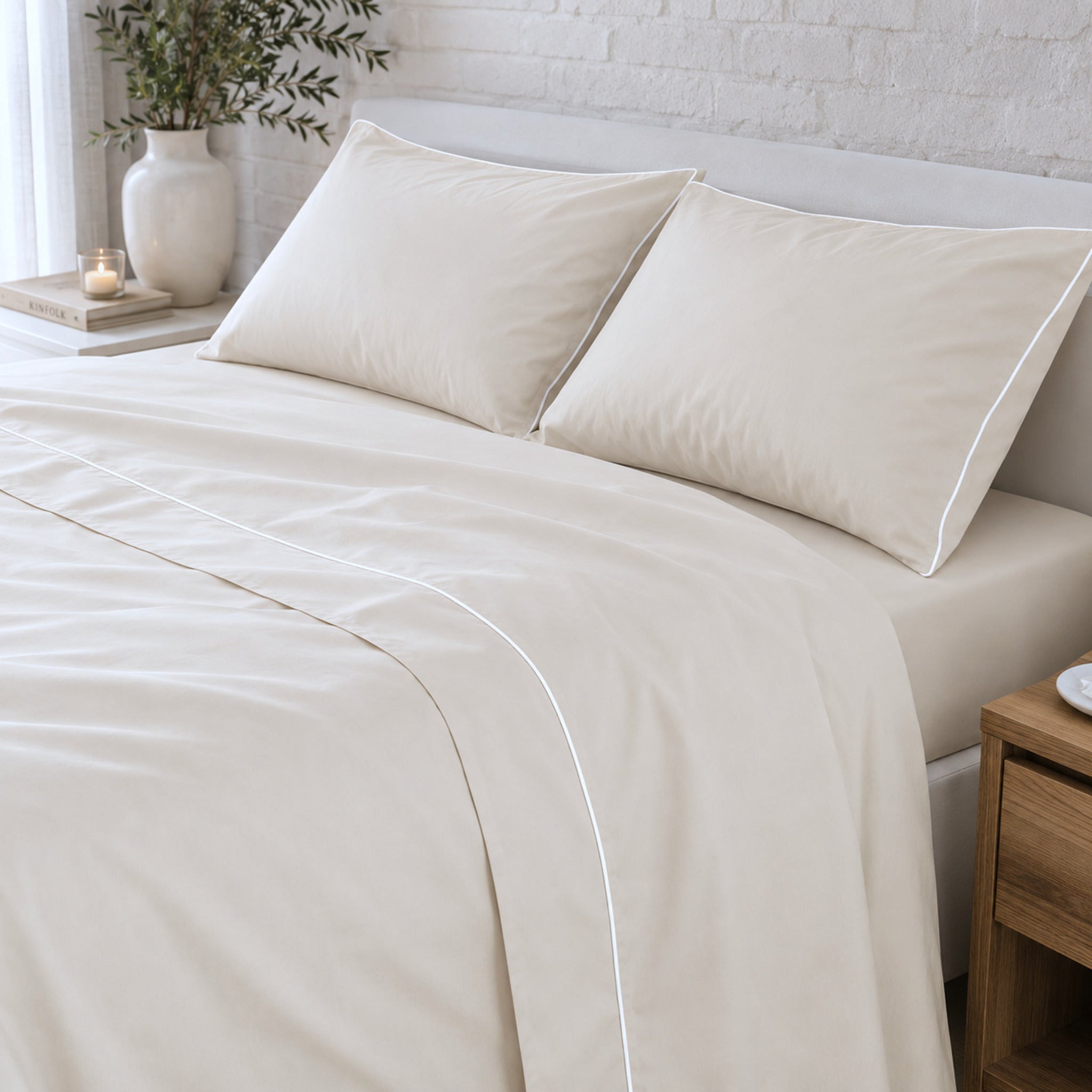 Completo lenzuola matrimoniale Rebecca Home Cindy avorio in 100% cotone Made in Italy con piping elegante