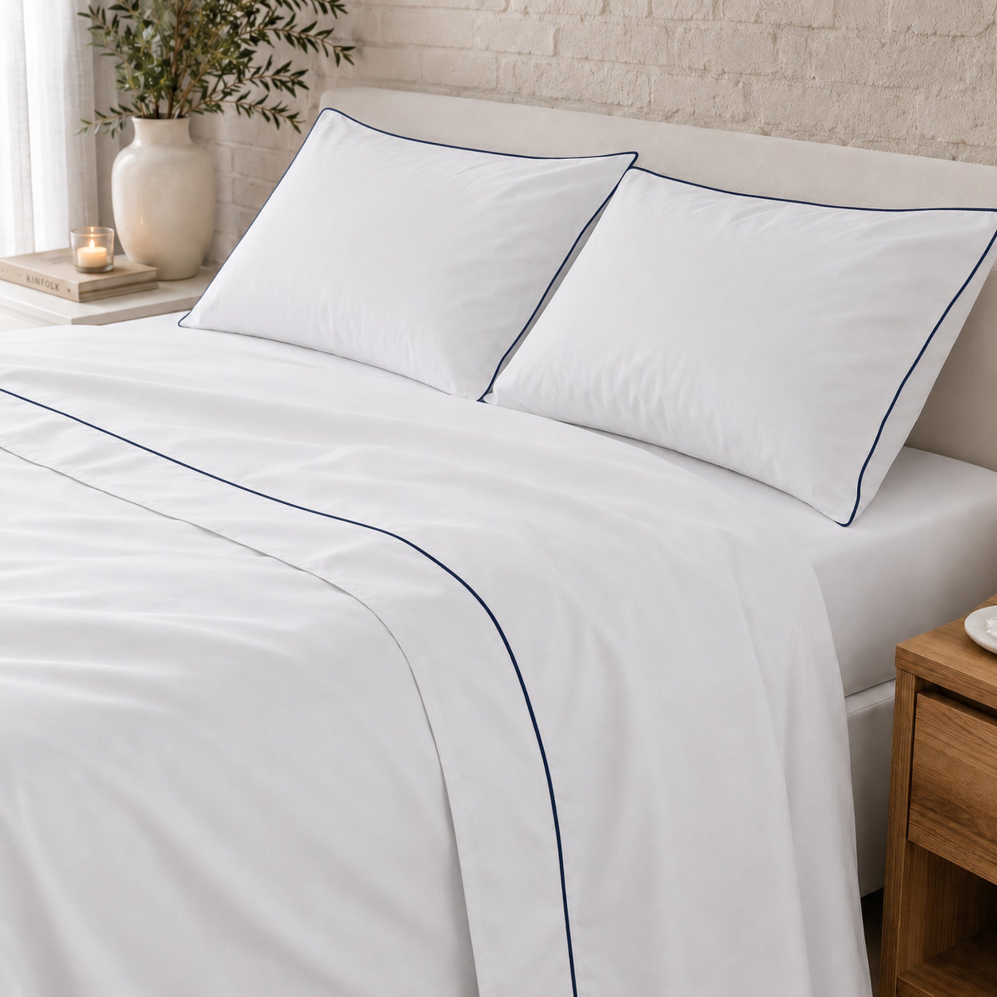Completo lenzuola matrimoniale bianco Rebecca Home Cindy con piping blu in cotone Made in Italy