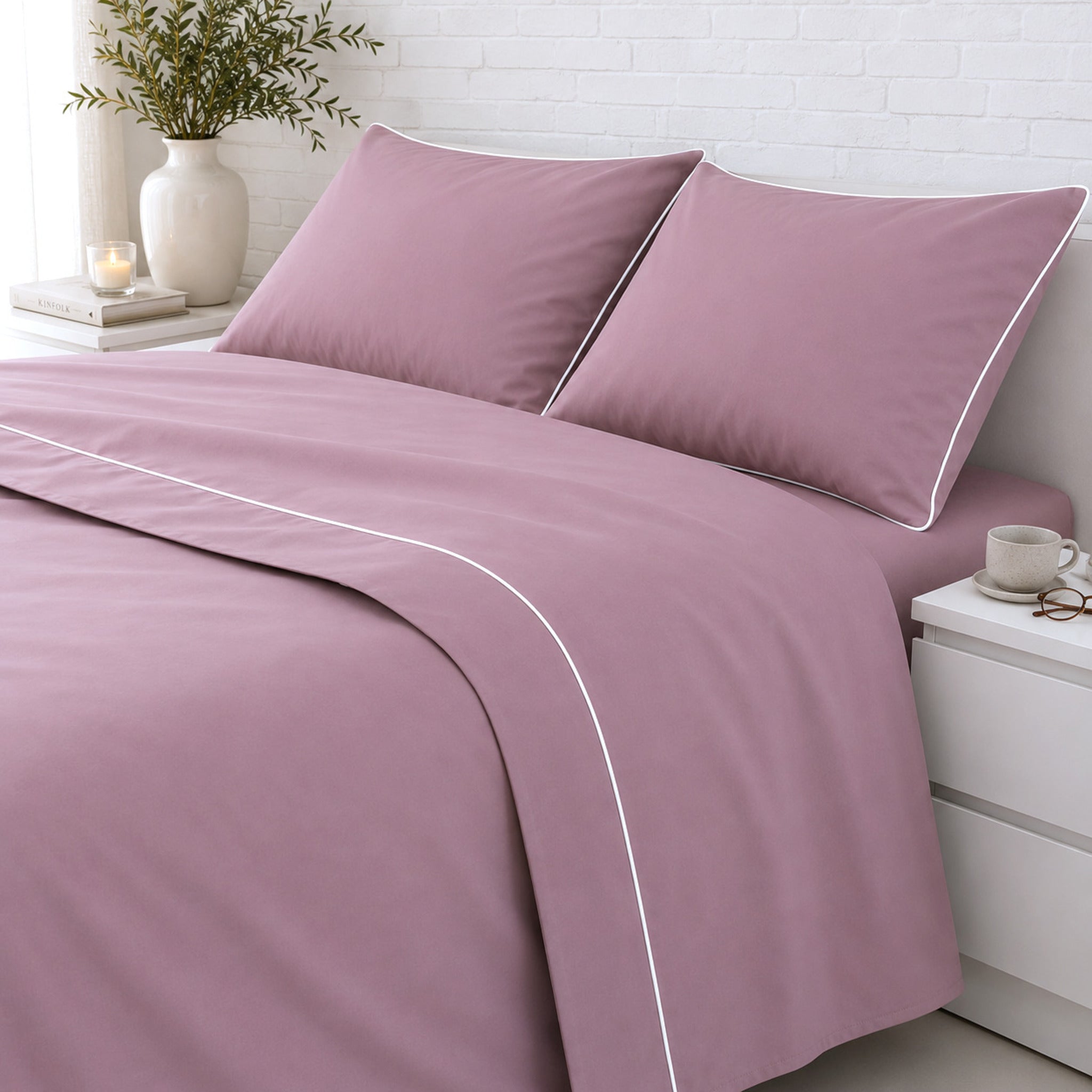 Completo lenzuola matrimoniale rosa antico Rebecca Home Cindy in cotone Made in Italy