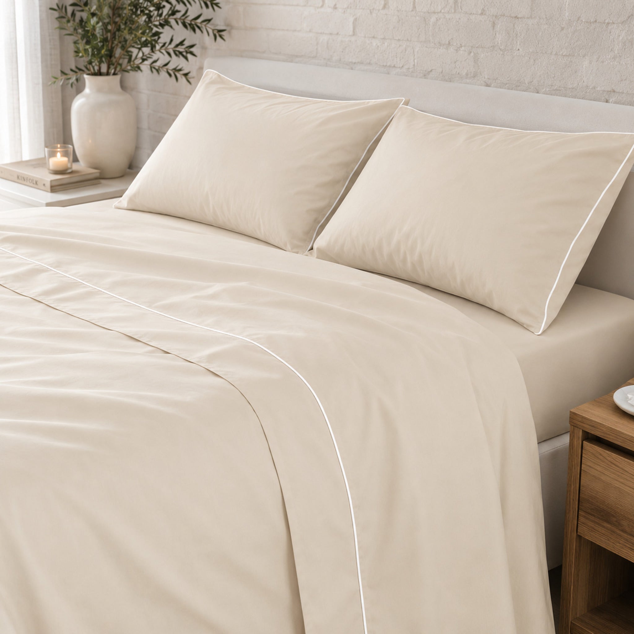 Completo letto matrimoniale sabbia Rebecca Home Cindy con piping bianco elegante