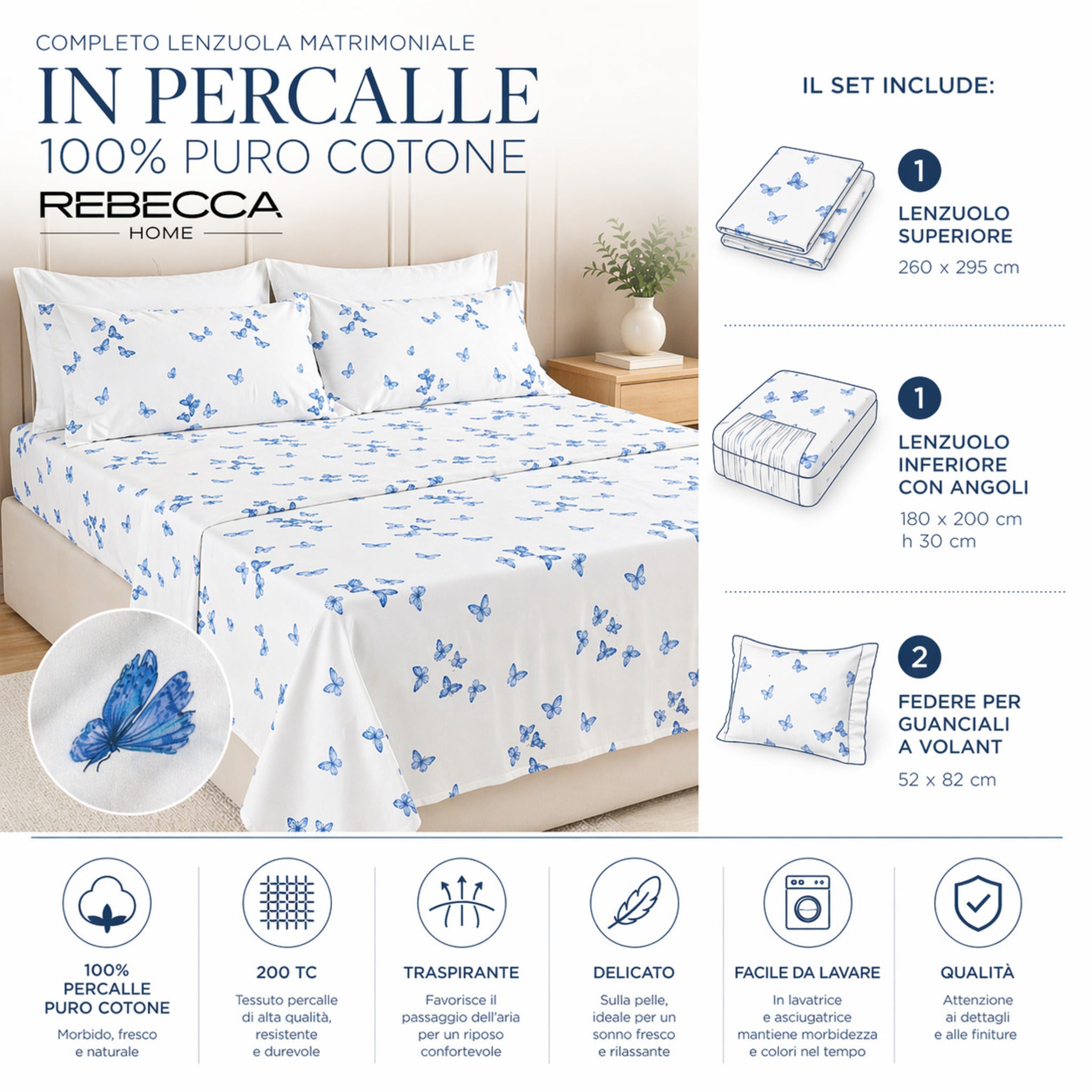 Set lenzuola matrimoniale percalle 200 tc dettagli misure