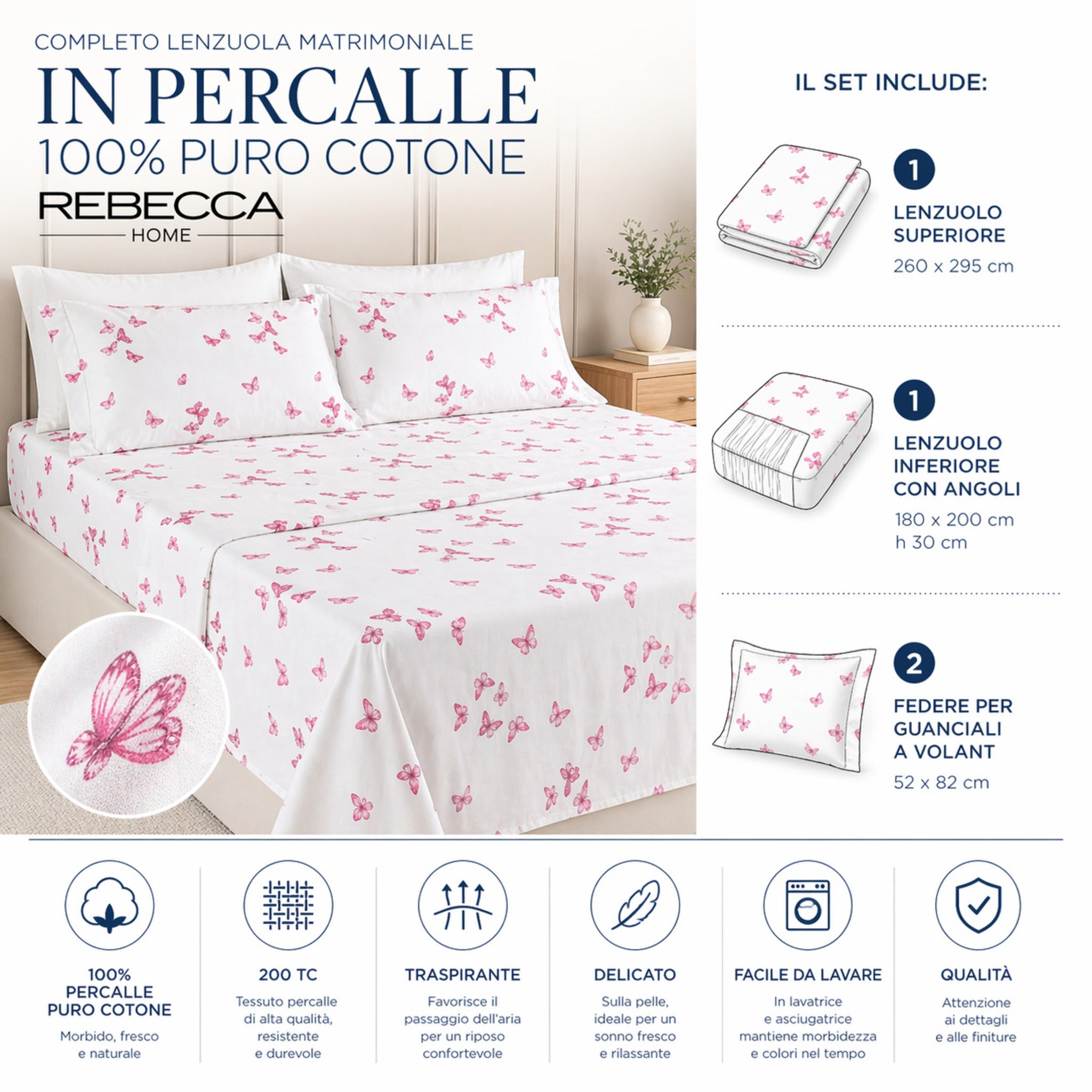 Completo letto percalle fantasia farfalle rosa caratteristiche