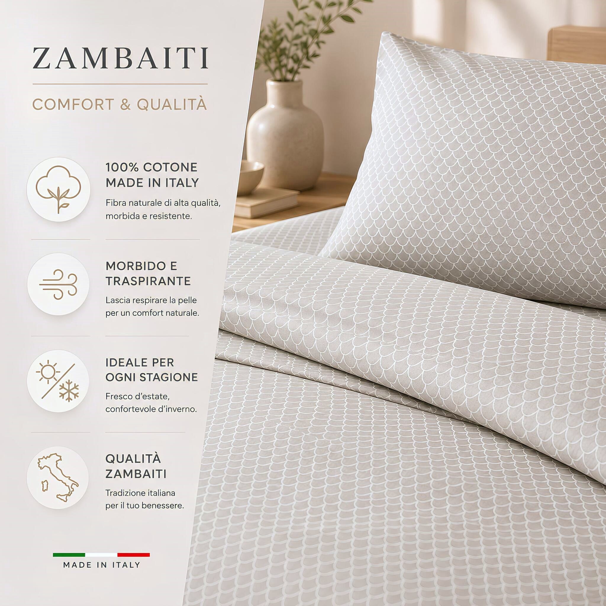 Completo letto una piazza e mezza Zambaiti Arki in cotone naturale morbido e traspirante tortora