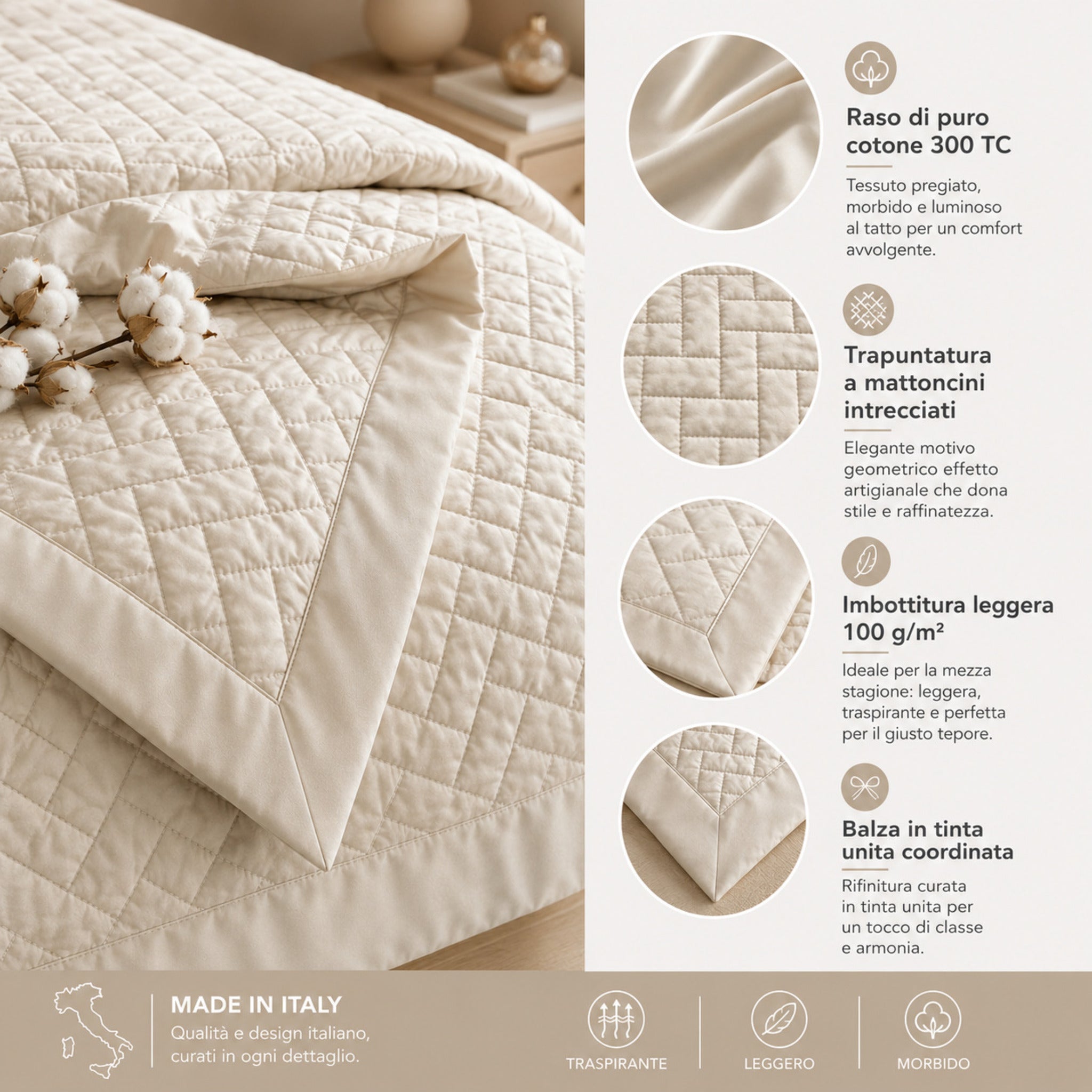 Dettagli tessuto e trapuntatura copriletto Rebecca Home Helen beige in raso di cotone 300 TC