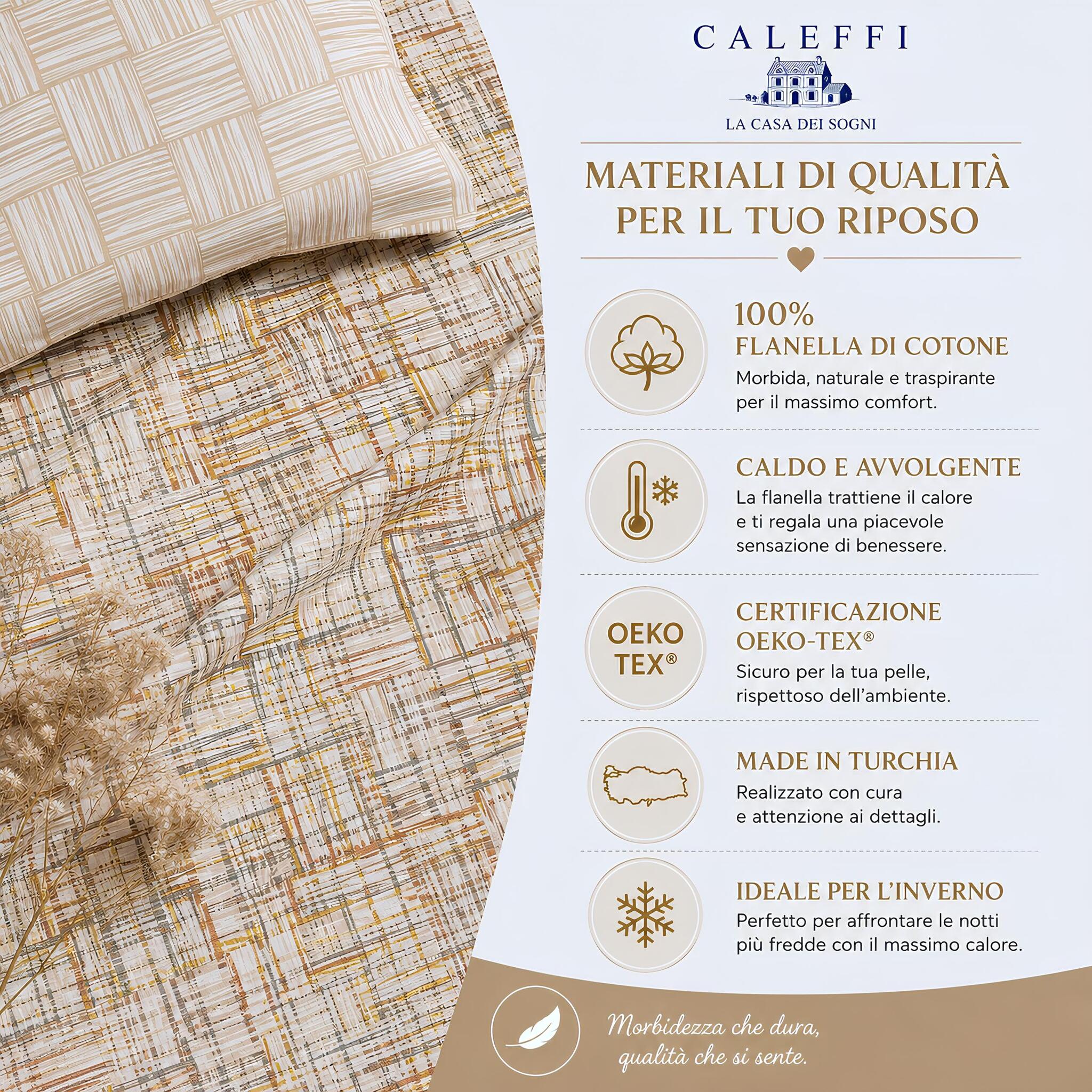 Infografica materiali completo lenzuola Caleffi Atlas Ambra in flanella 100% cotone