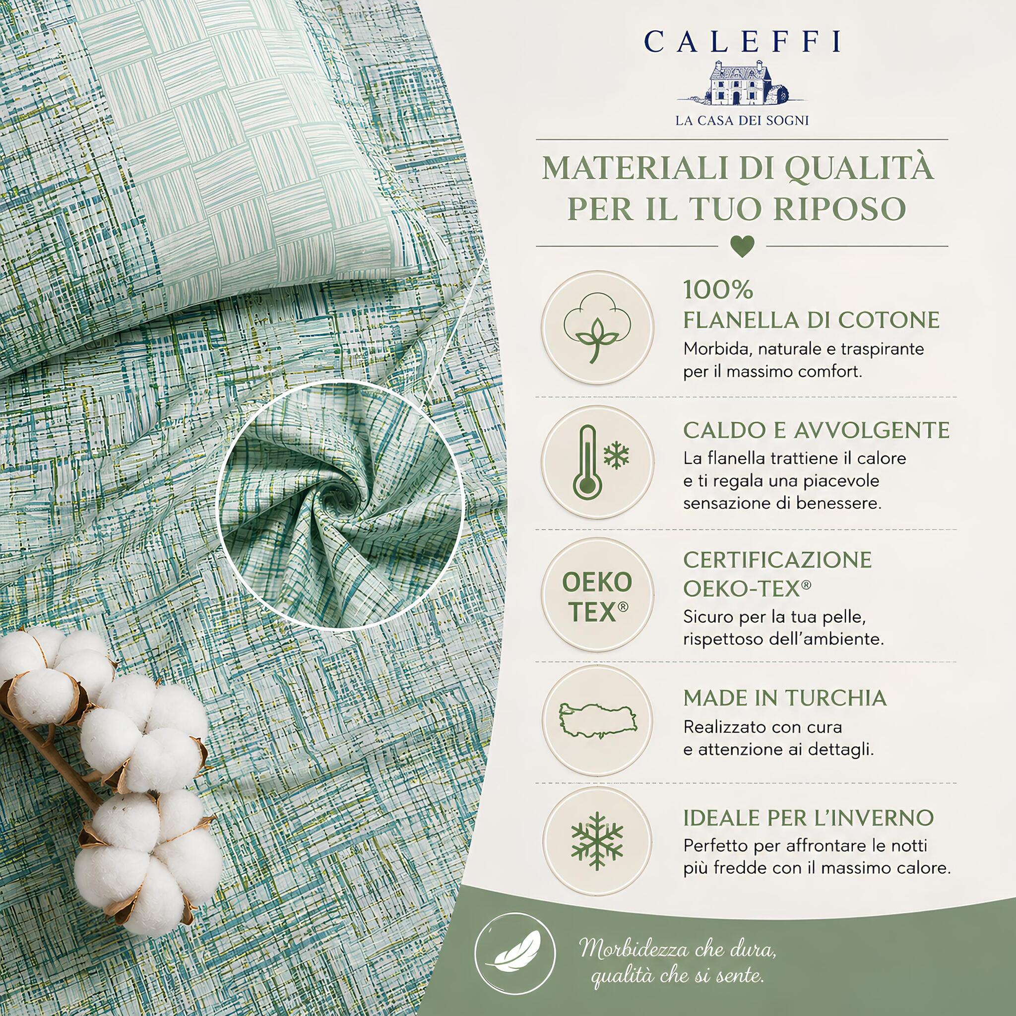Infografica materiali completo lenzuola Caleffi Atlas Anice in flanella 100% cotone
