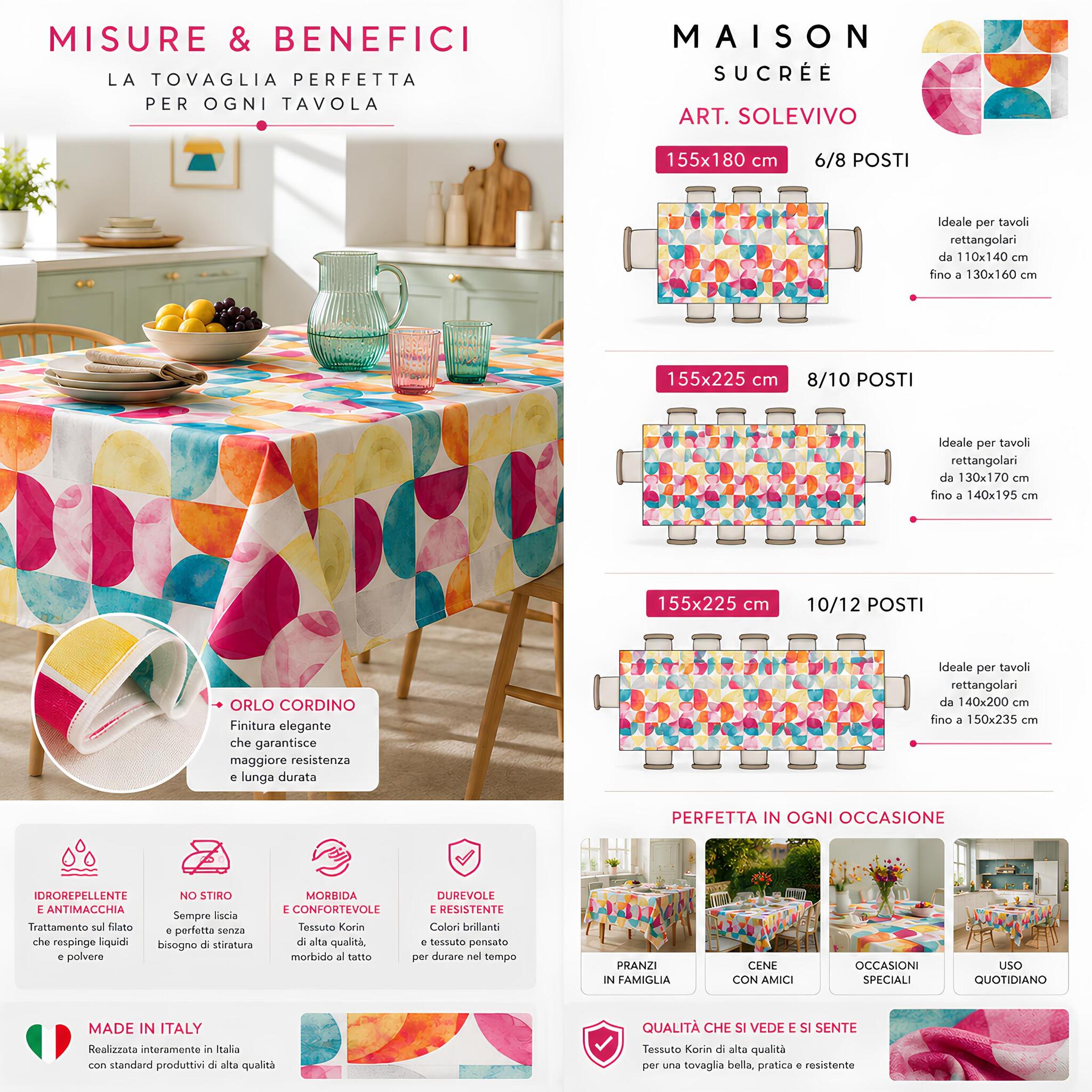 Misure disponibili della tovaglia antimacchia Maison Sucrée Art Solevivo da 6 a 12 posti