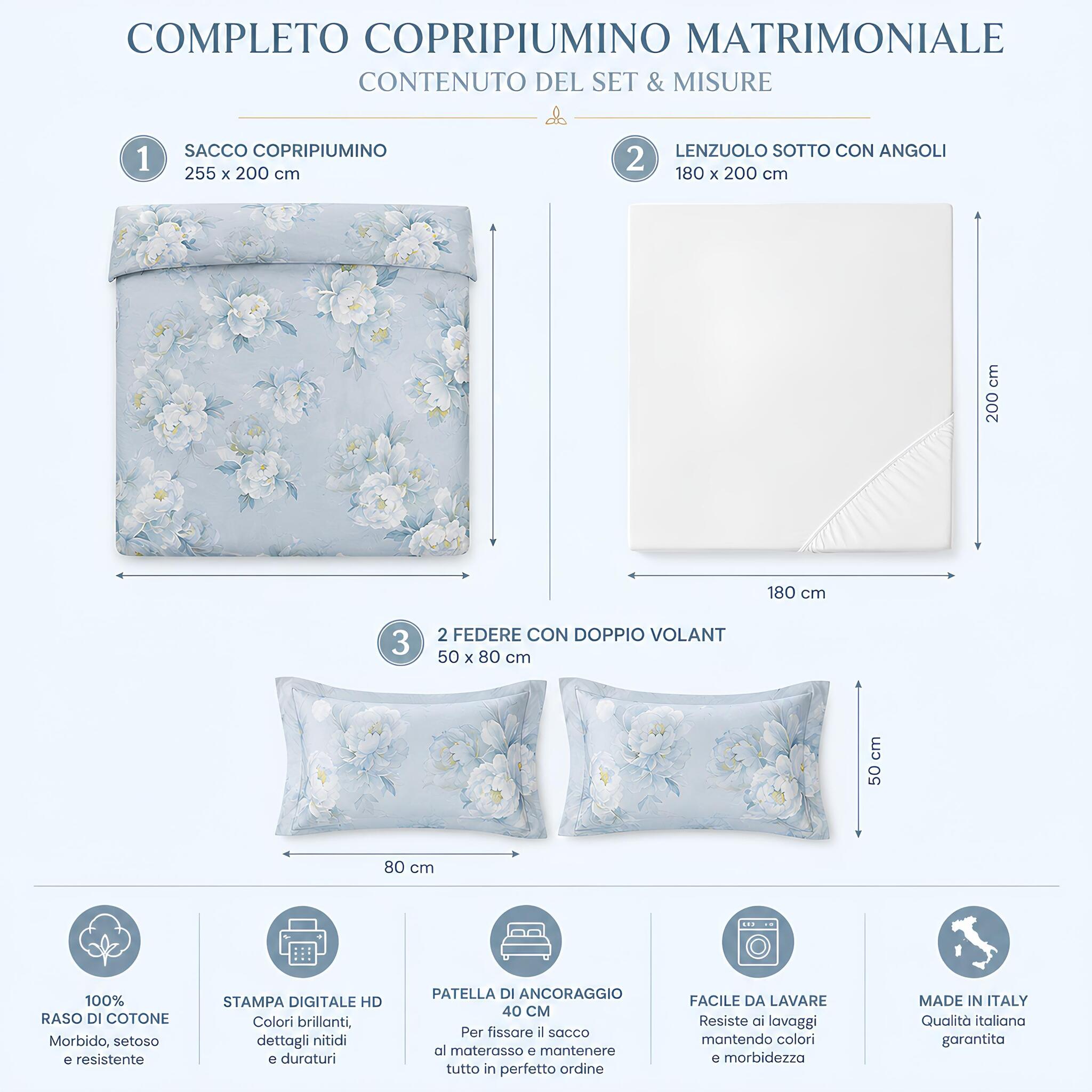 Misure completo copripiumino matrimoniale Caleffi Eloise con sacco copripiumino lenzuolo con angoli e federe