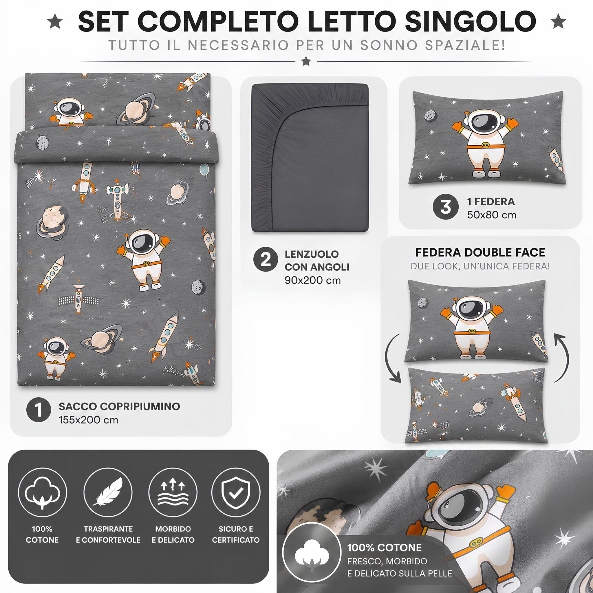 Contenuto set e misure del completo copripiumino singolo Caleffi Spazio grigio