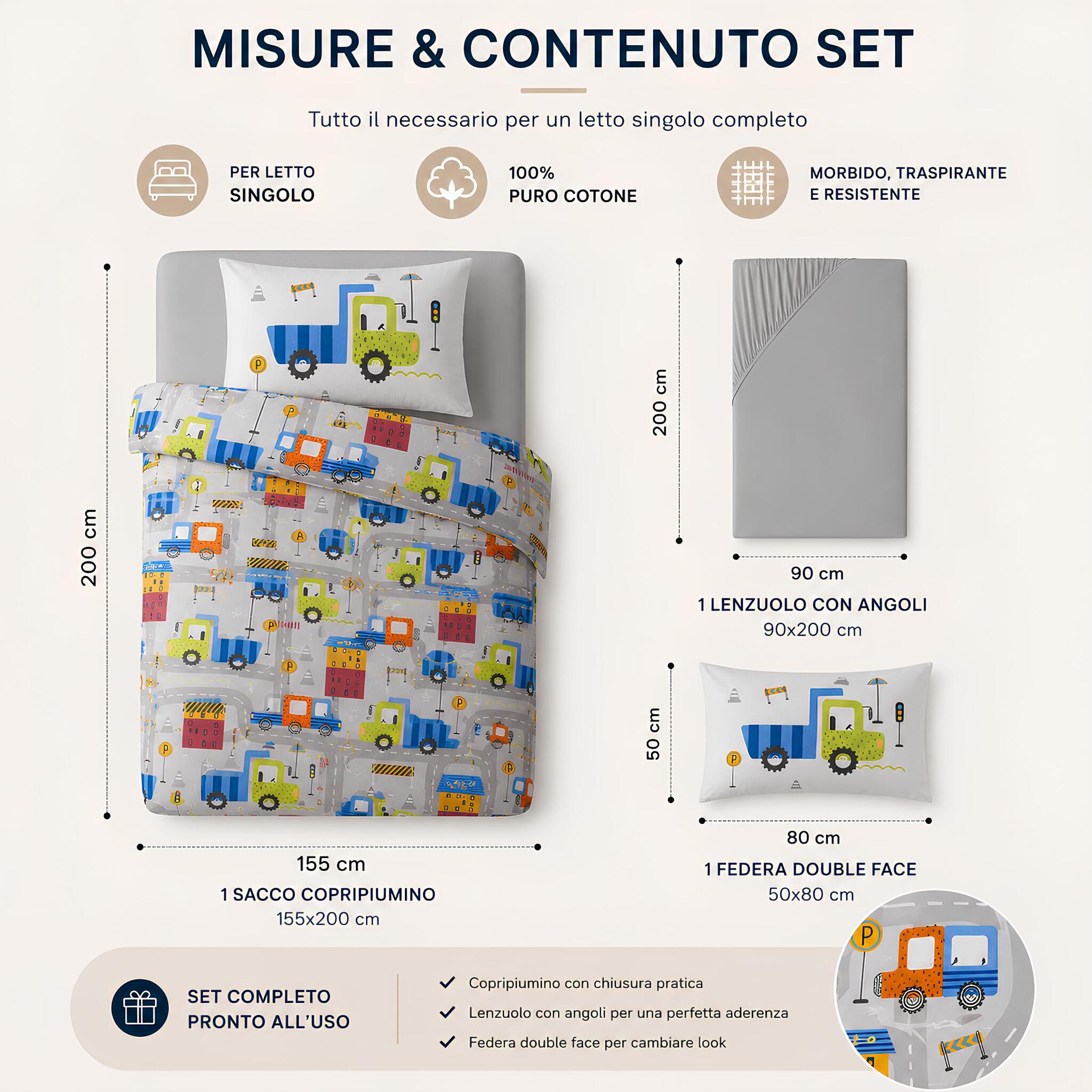Misure completo copripiumino singolo Caleffi City Car grigio 155x200 cm