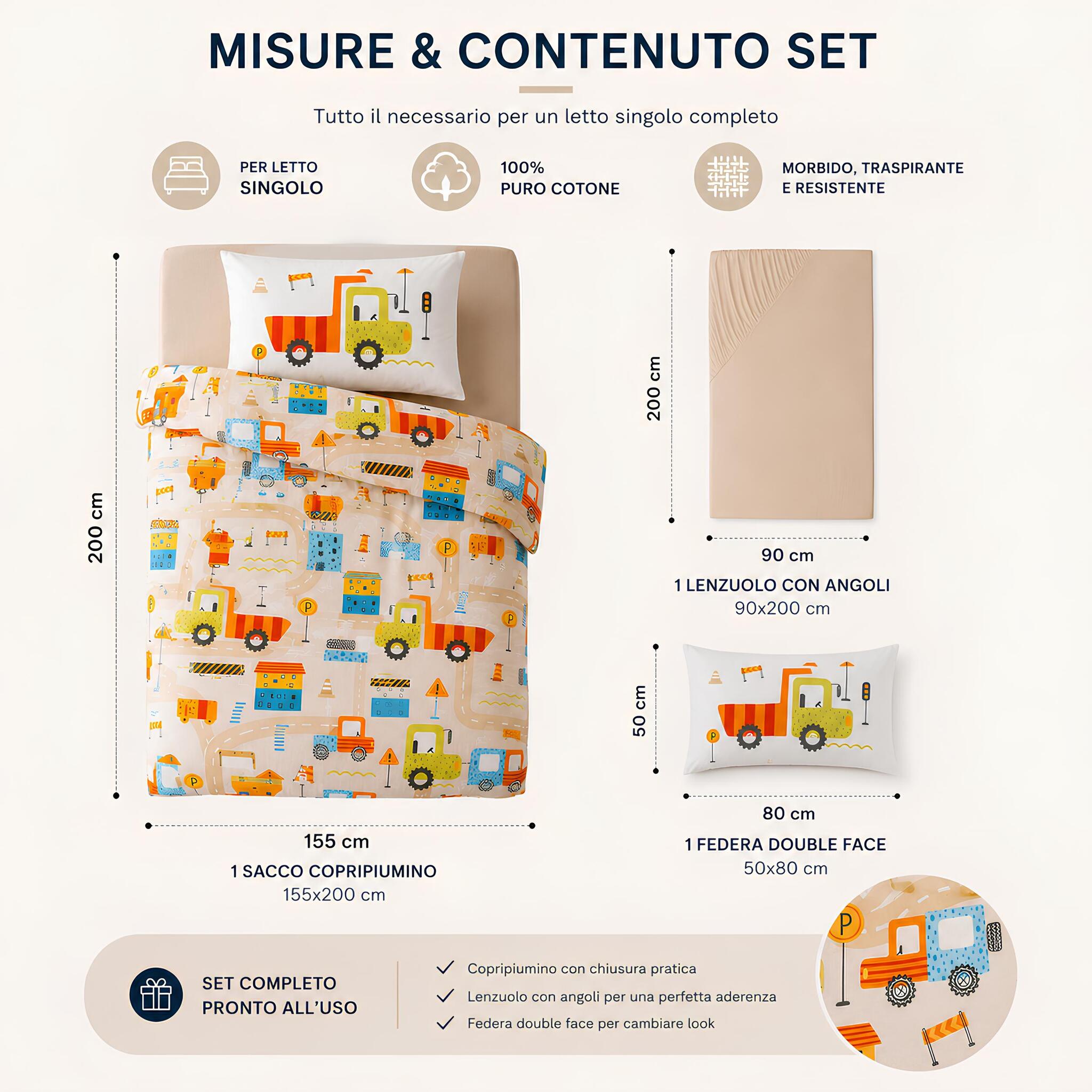 Misure completo copripiumino singolo Caleffi City Car beige 155x200 cm