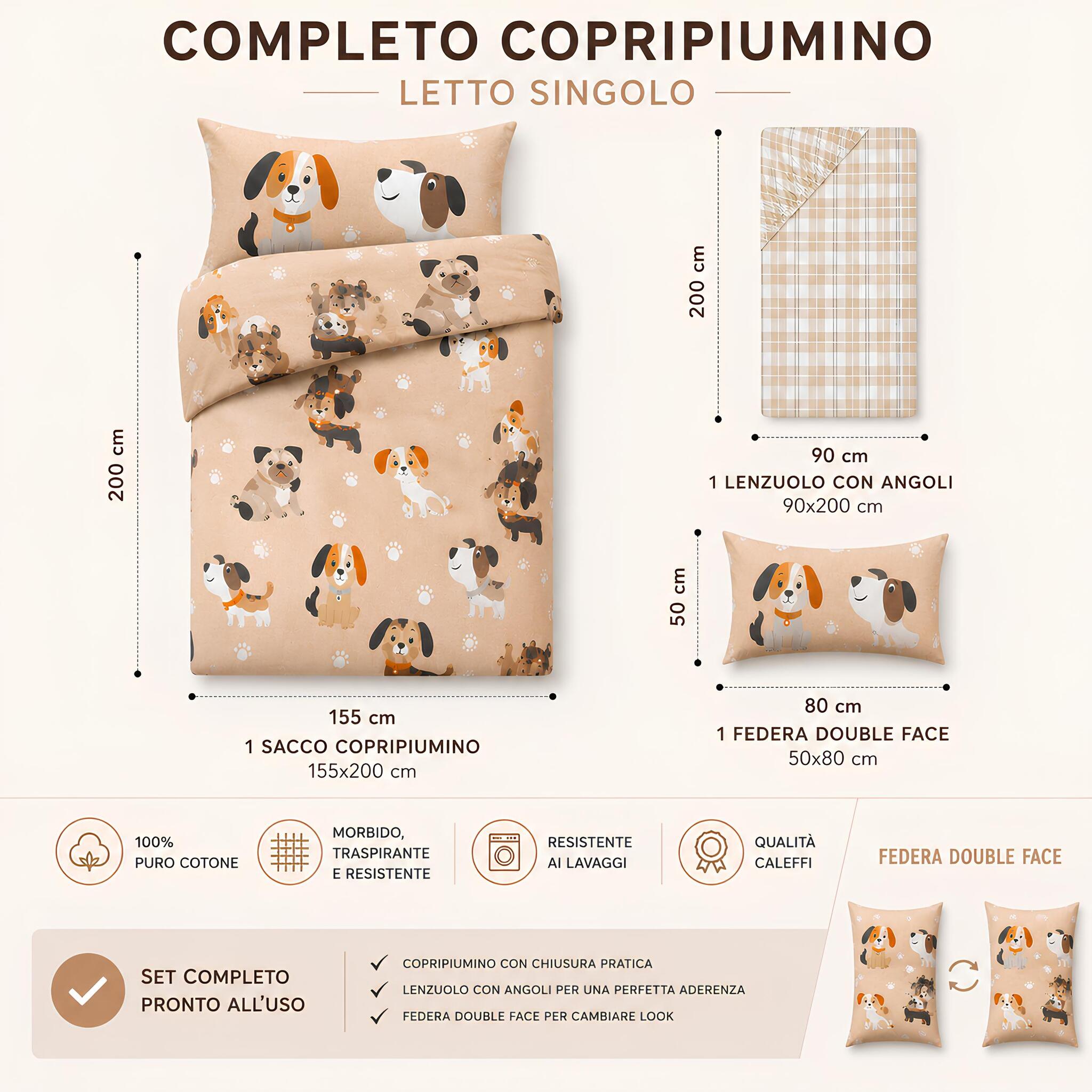 Misure completo copripiumino singolo Caleffi Cuccioli naturale 155x200 cm