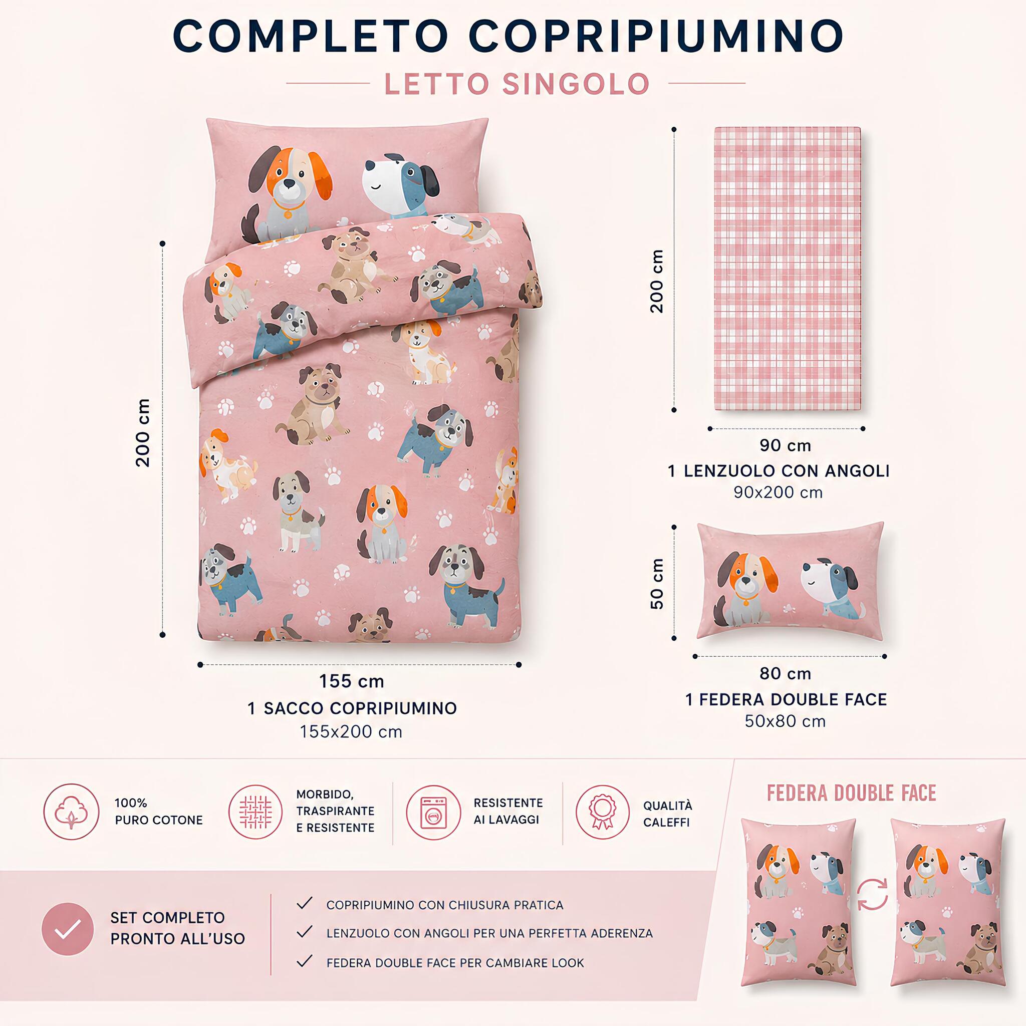 Misure completo copripiumino singolo Caleffi Cuccioli rosa 155x200 cm