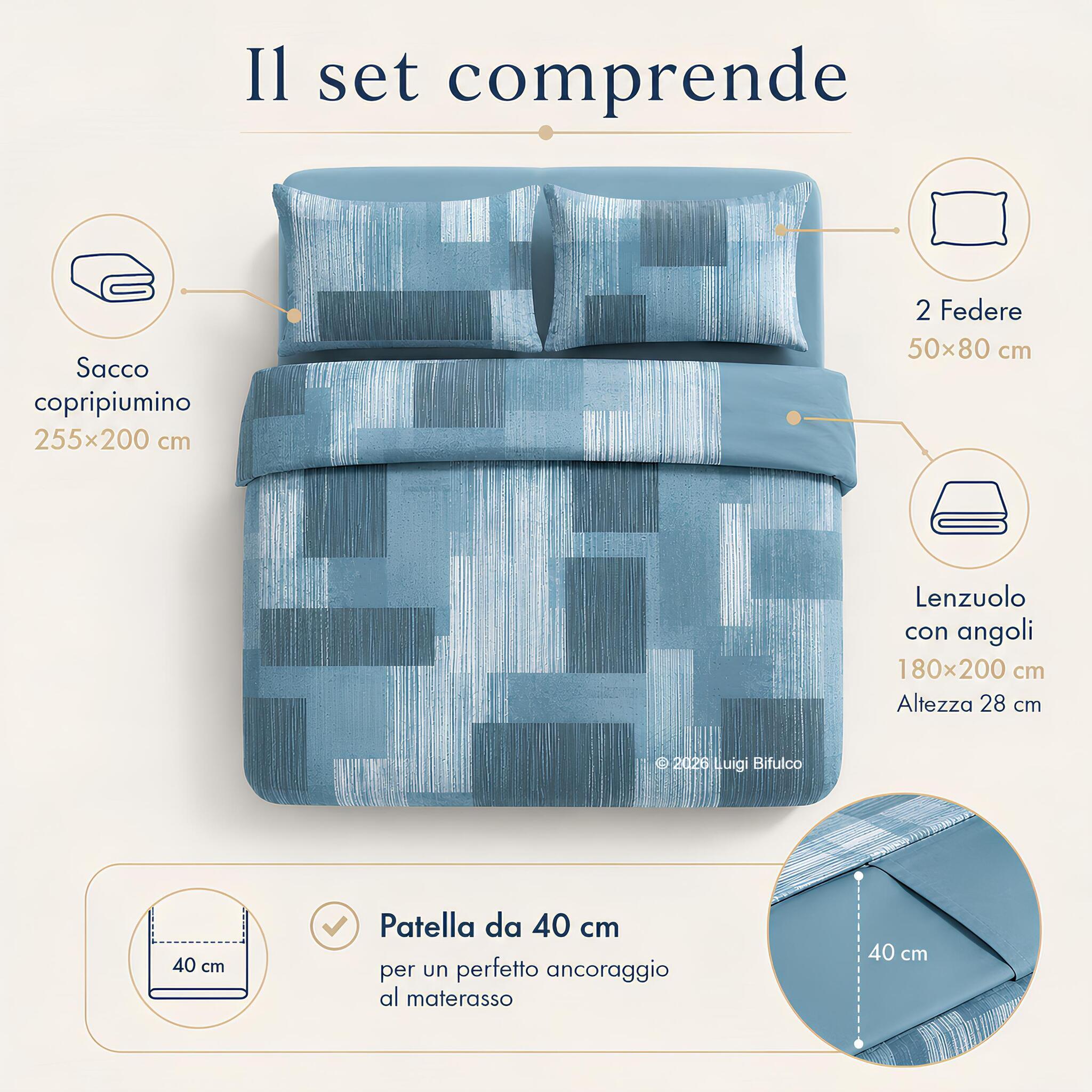 Misure del completo copripiumino matrimoniale Caleffi Lisbona con sacco lenzuolo e due federe