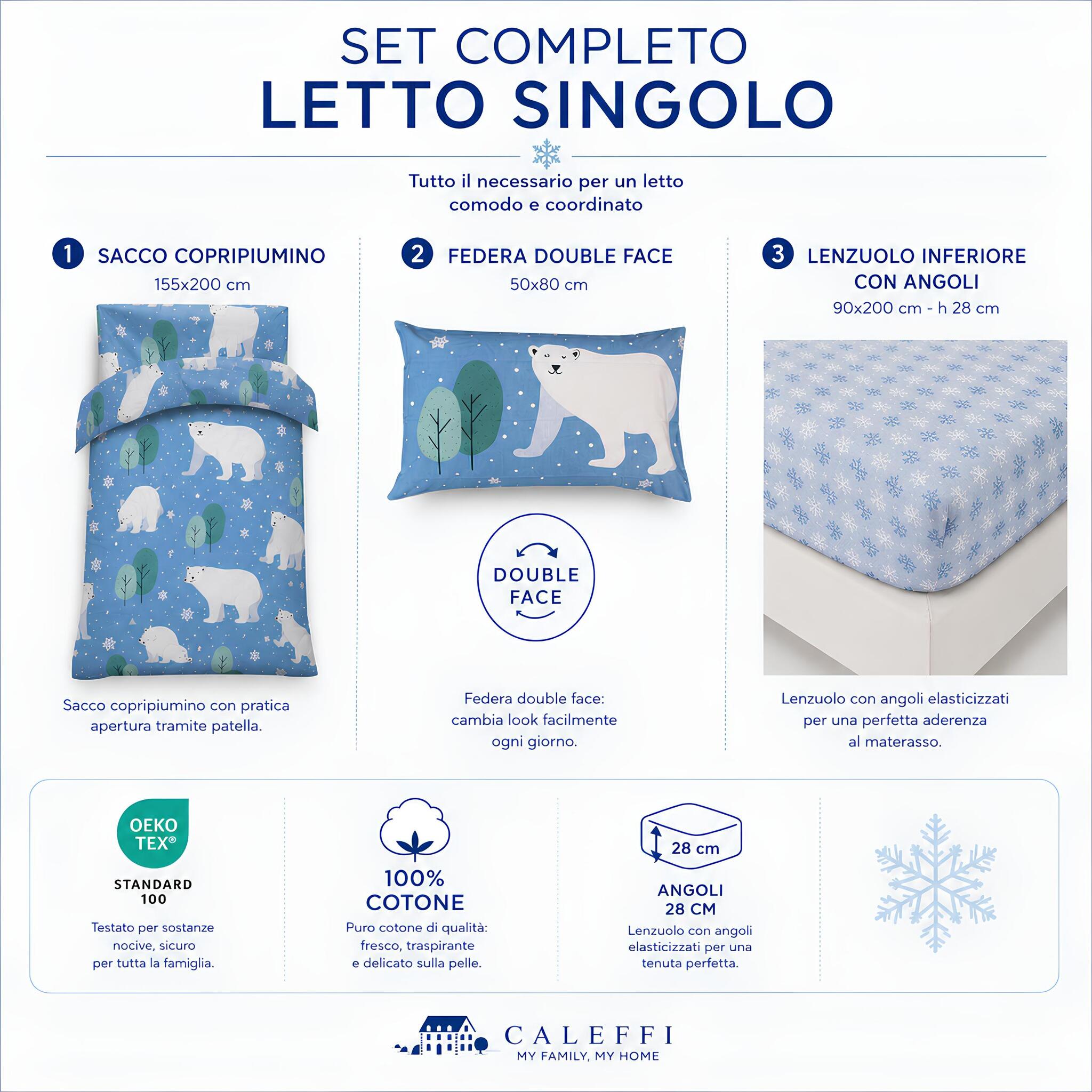 Misure del completo copripiumino singolo Caleffi Polar con sacco copripiumino federa double face e lenzuolo con angoli