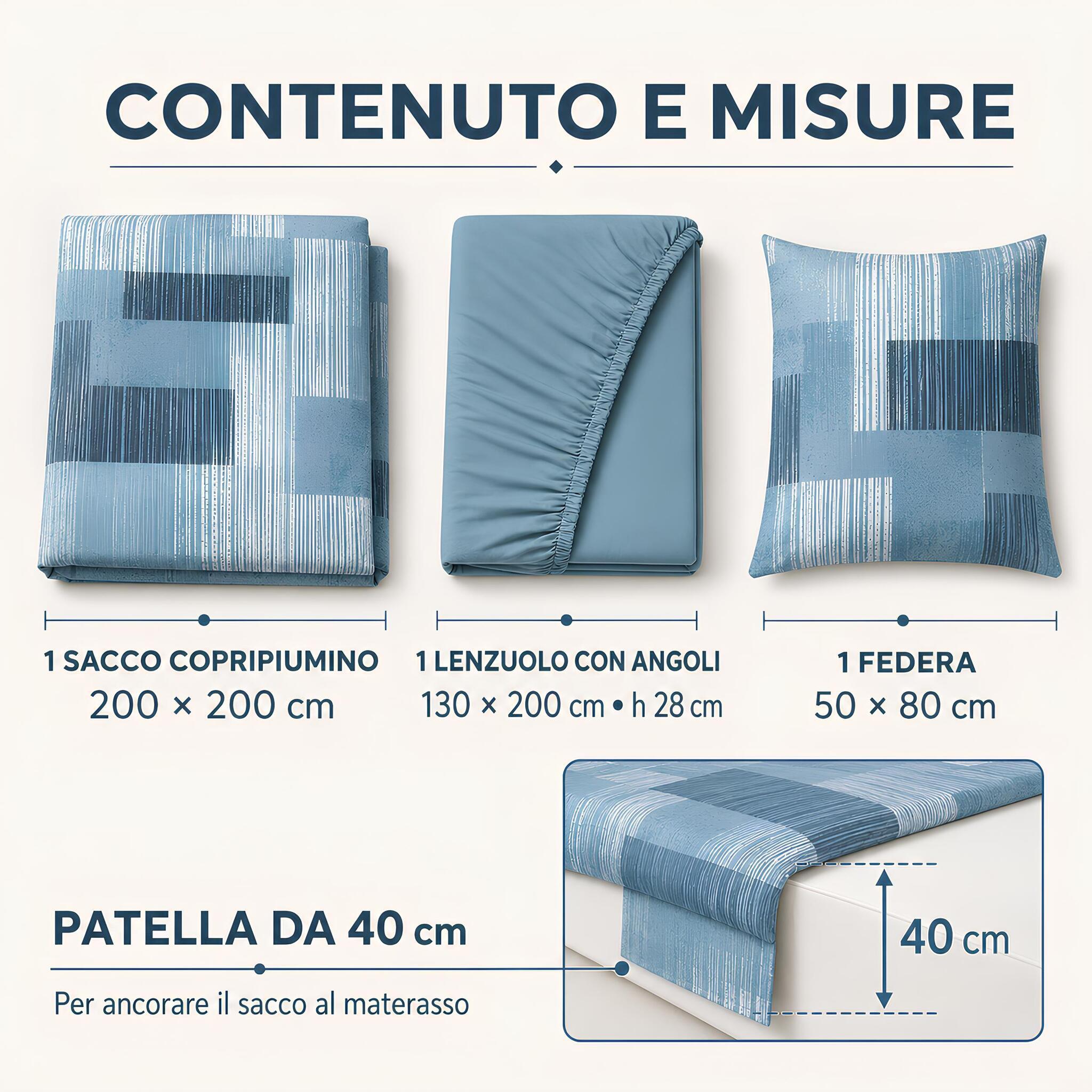 Misure del completo copripiumino piazza e mezza Caleffi Lisbona avio con sacco copripiumino federa e lenzuolo con angoli