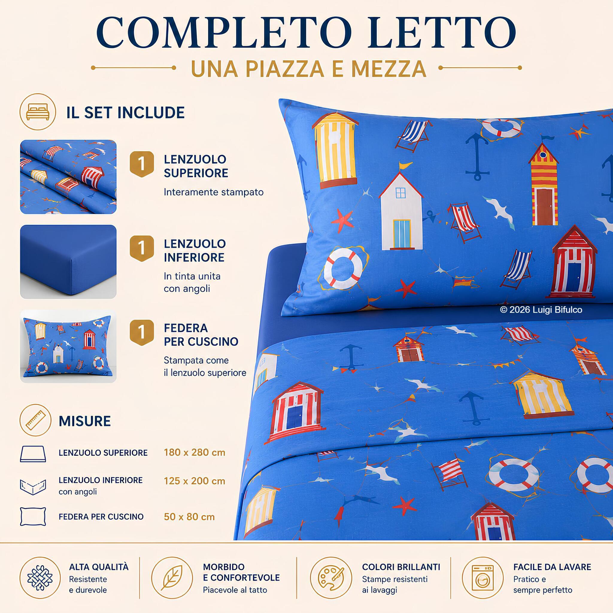Misure completo lenzuola una piazza e mezza Bassetti Cabana blu 180x280 125x200 50x80
