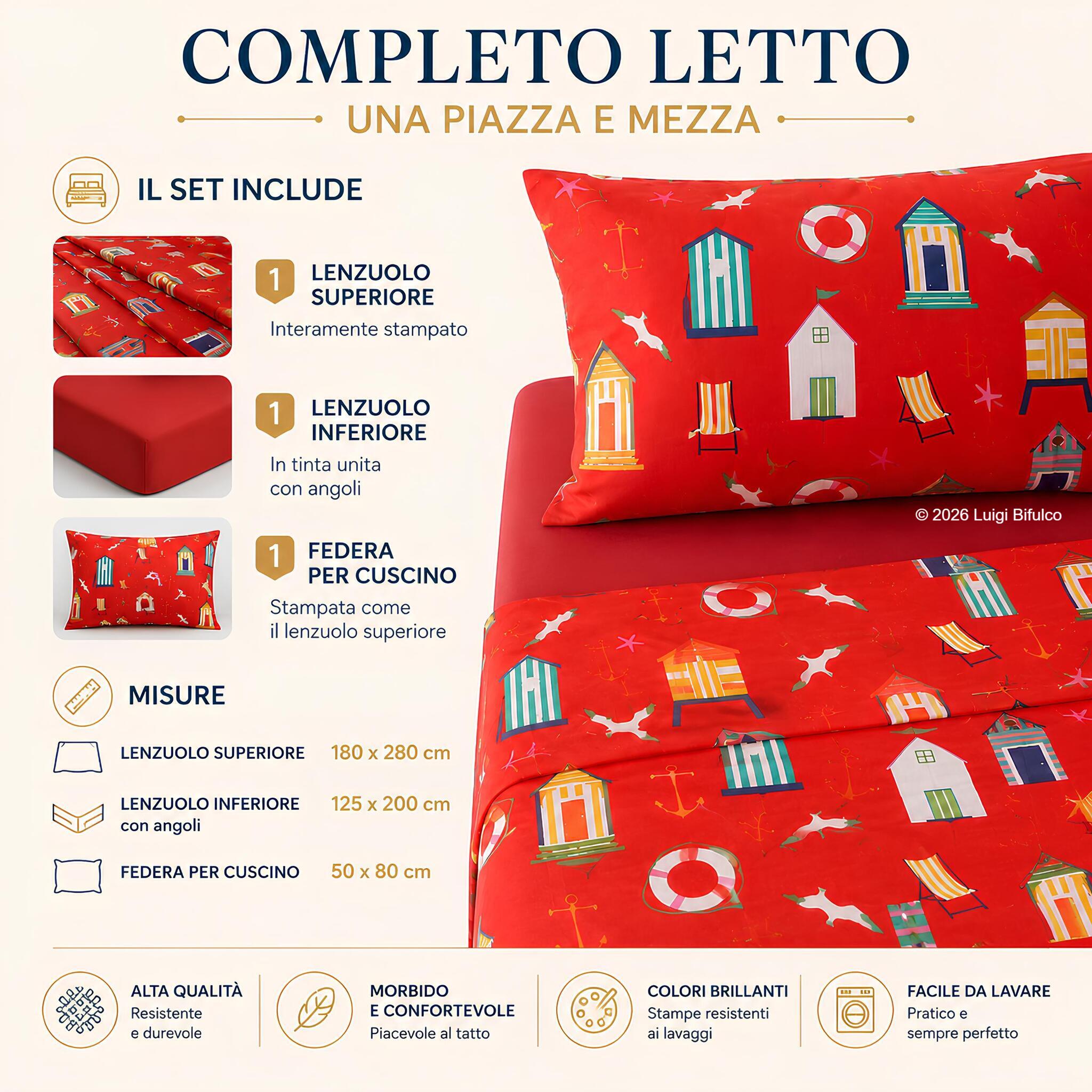Misure completo lenzuola una piazza e mezza Bassetti Cabana rosso 180x280 125x200 50x80