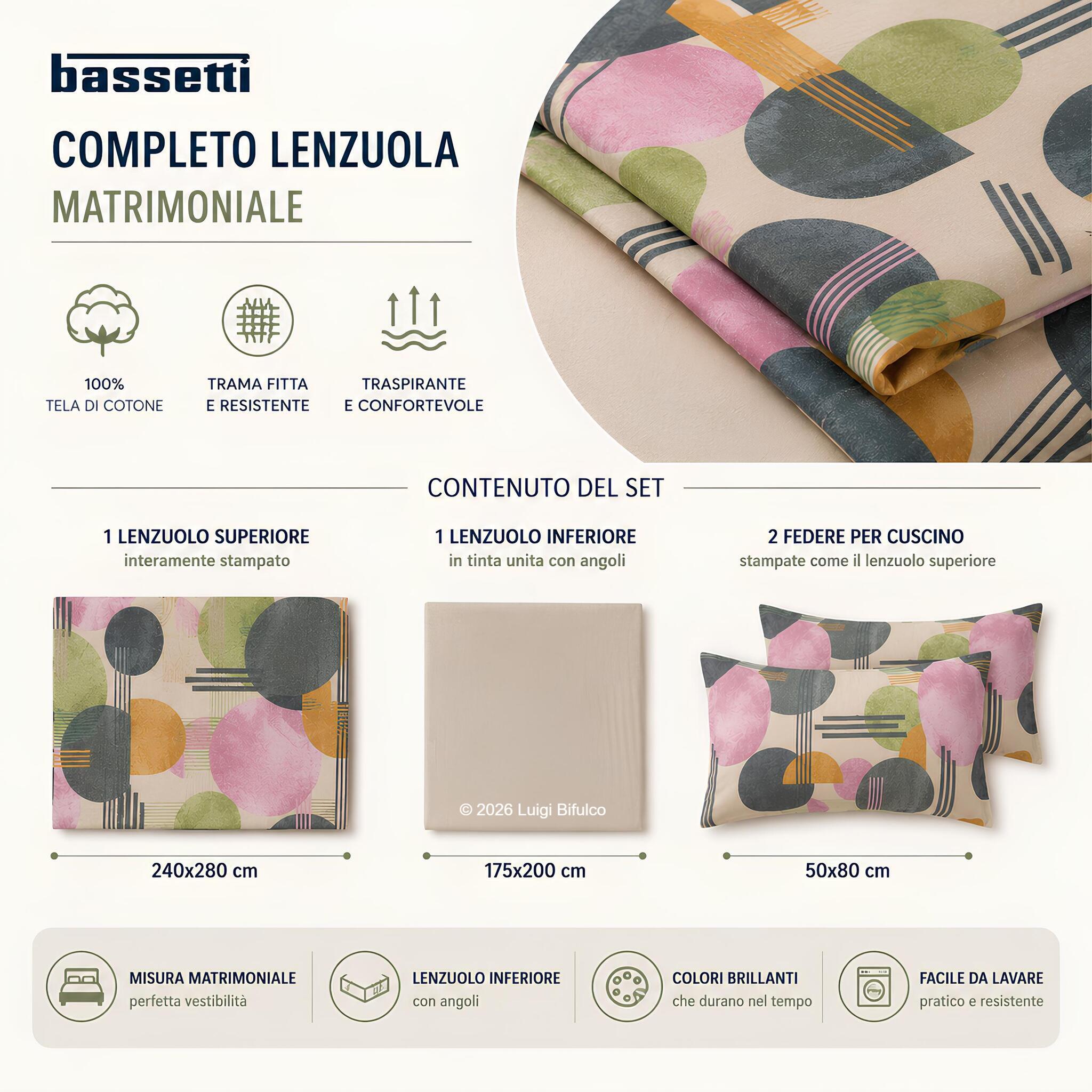 Misure completo lenzuola matrimoniale Bassetti Glow beige con lenzuolo superiore 240x280 sotto con angoli 175x200 e federe 50x80