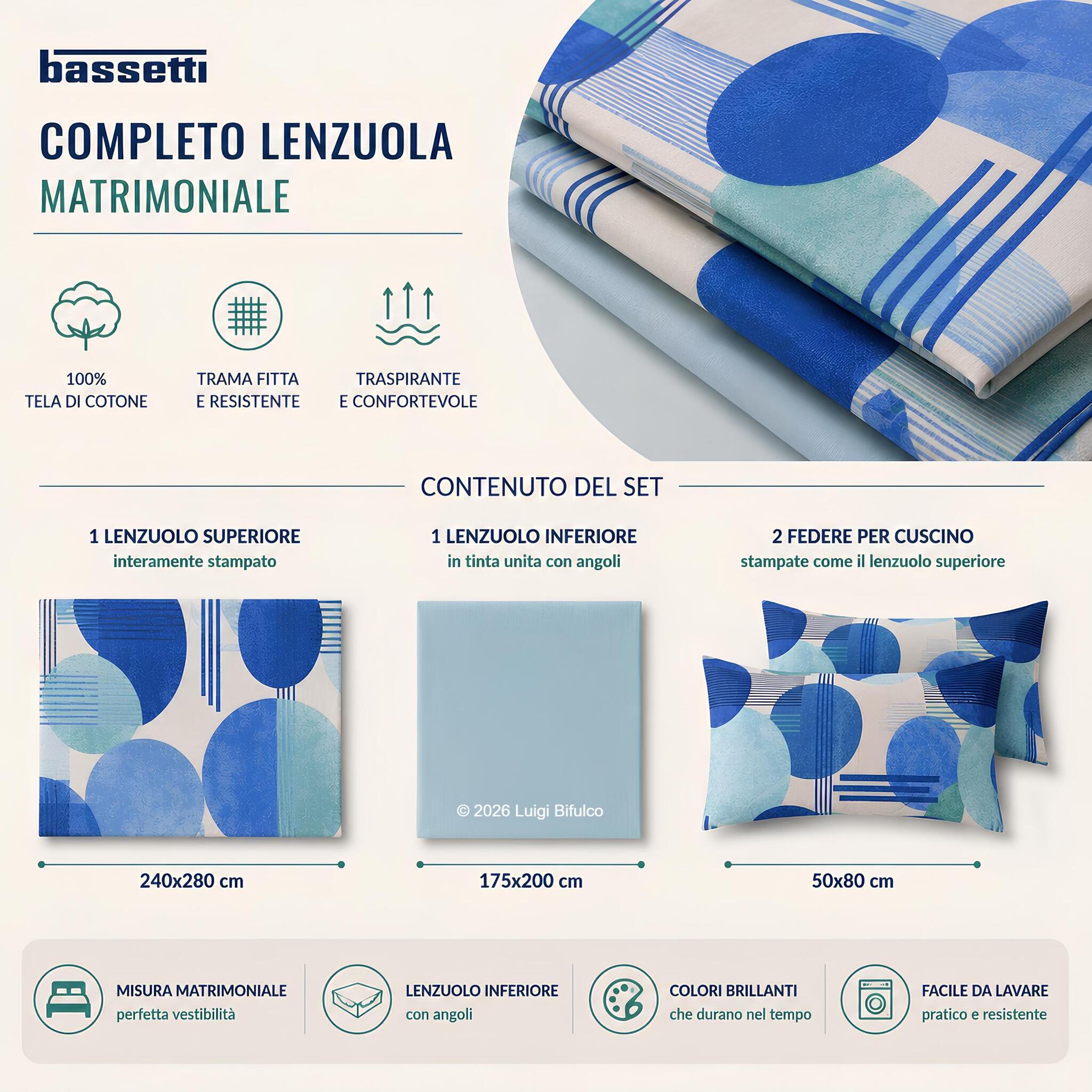 Misure completo lenzuola matrimoniale Bassetti Glow blu con lenzuolo superiore 240x280 sotto con angoli 175x200 e federe 50x80