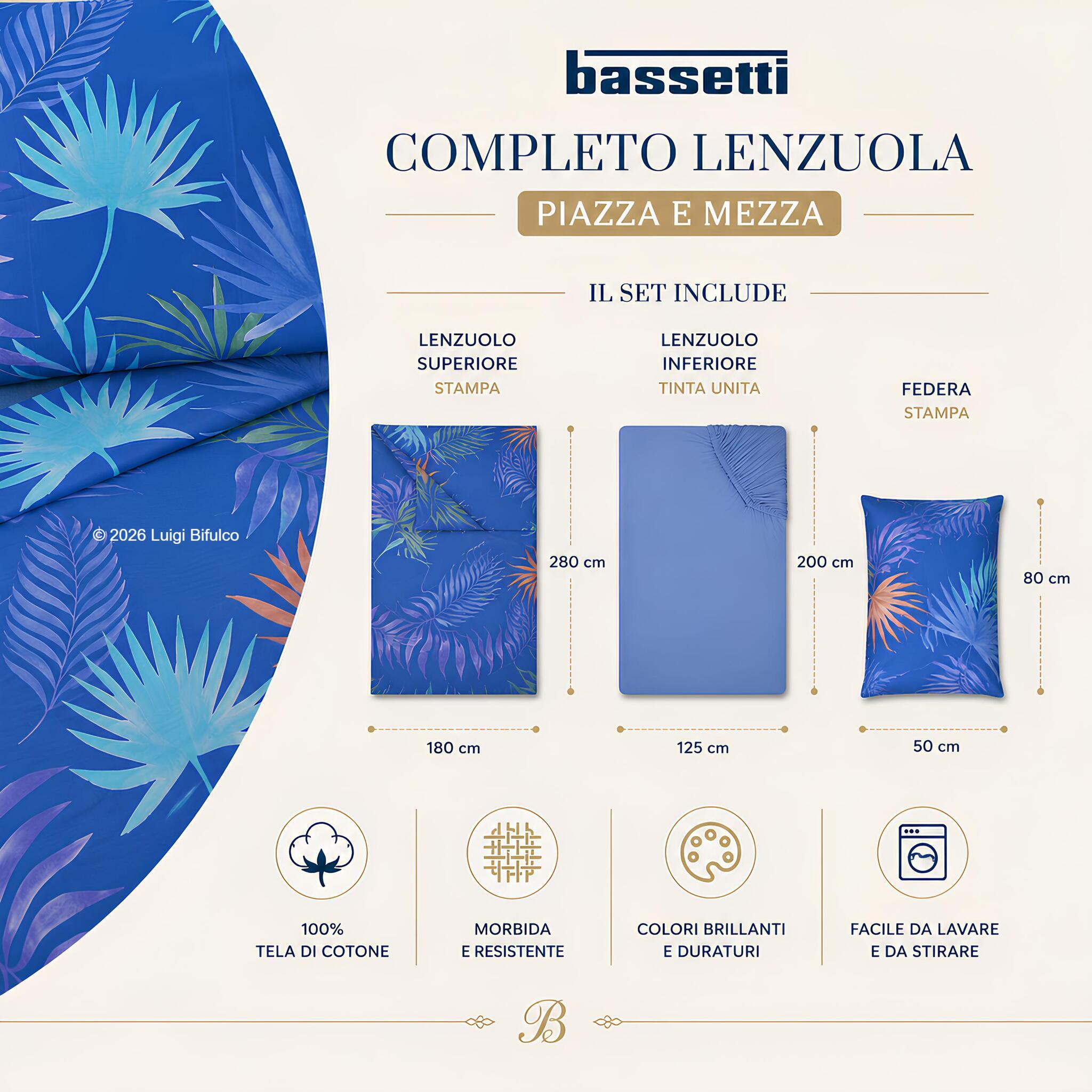 Misure completo lenzuola Bassetti Palmshade una piazza e mezza con lenzuolo superiore inferiore e federa