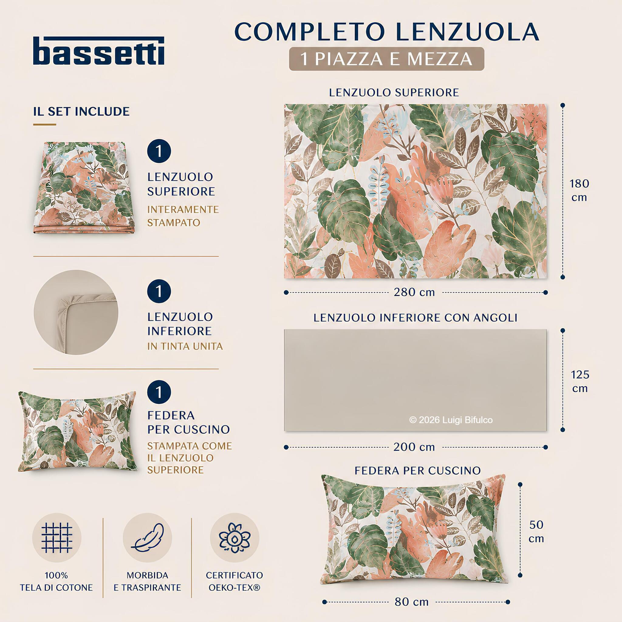 Misure completo lenzuola Bassetti Tropic una piazza e mezza con lenzuolo superiore inferiore e federa