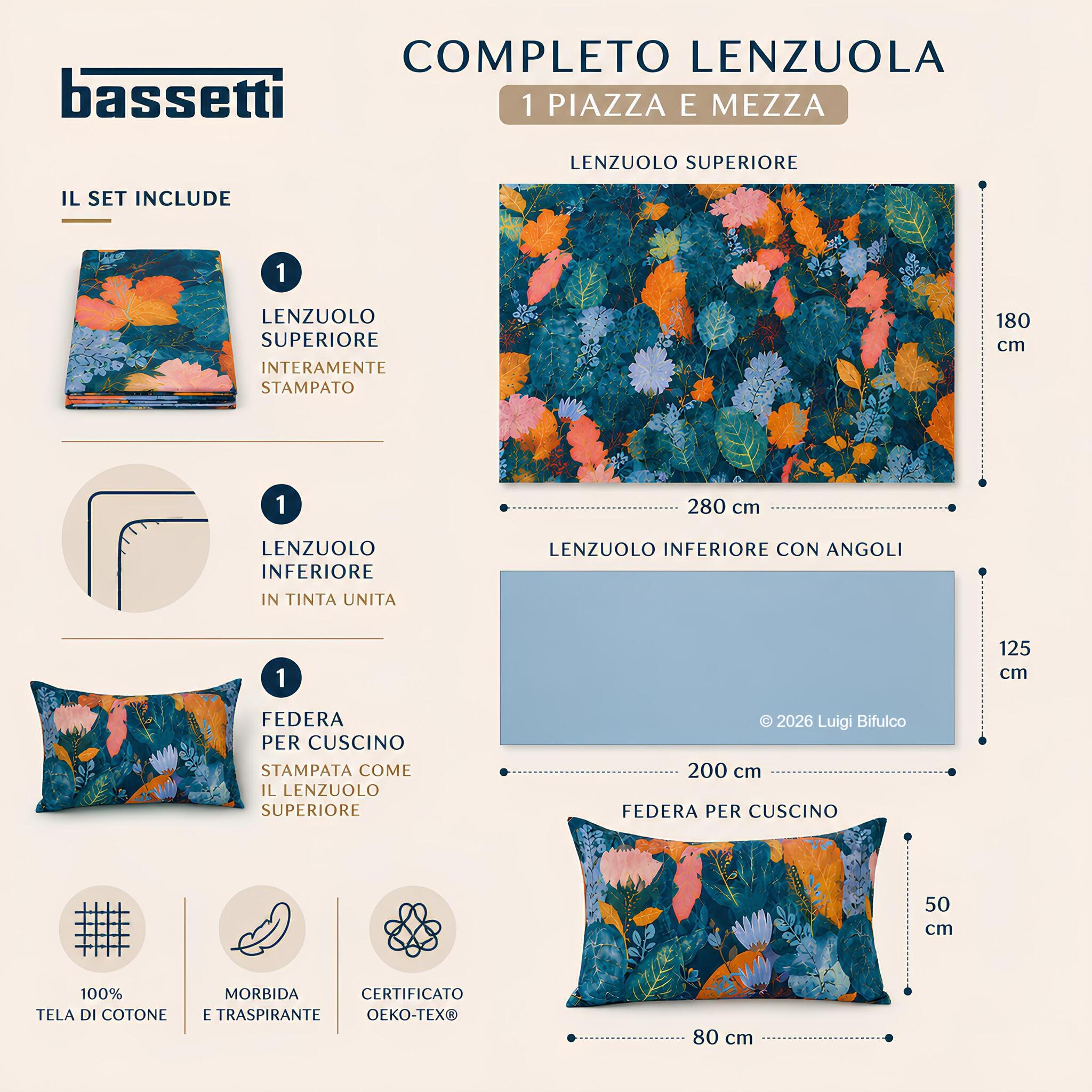 Scheda misure completo lenzuola Bassetti Tropic blu una piazza e mezza in cotone